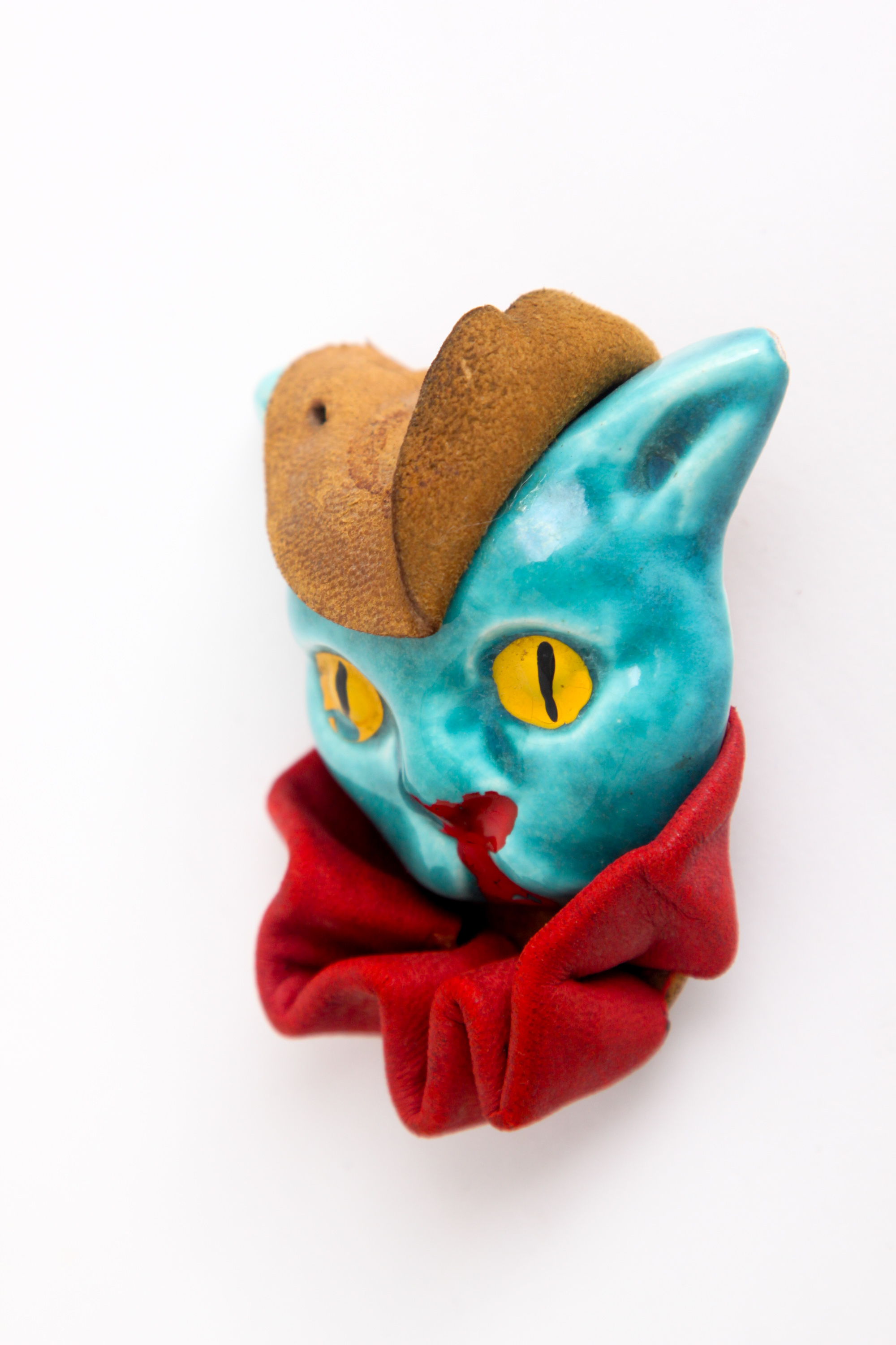 Vintage Elzac "Victim of Fashion" Ceramic and Leather Cat Brooch