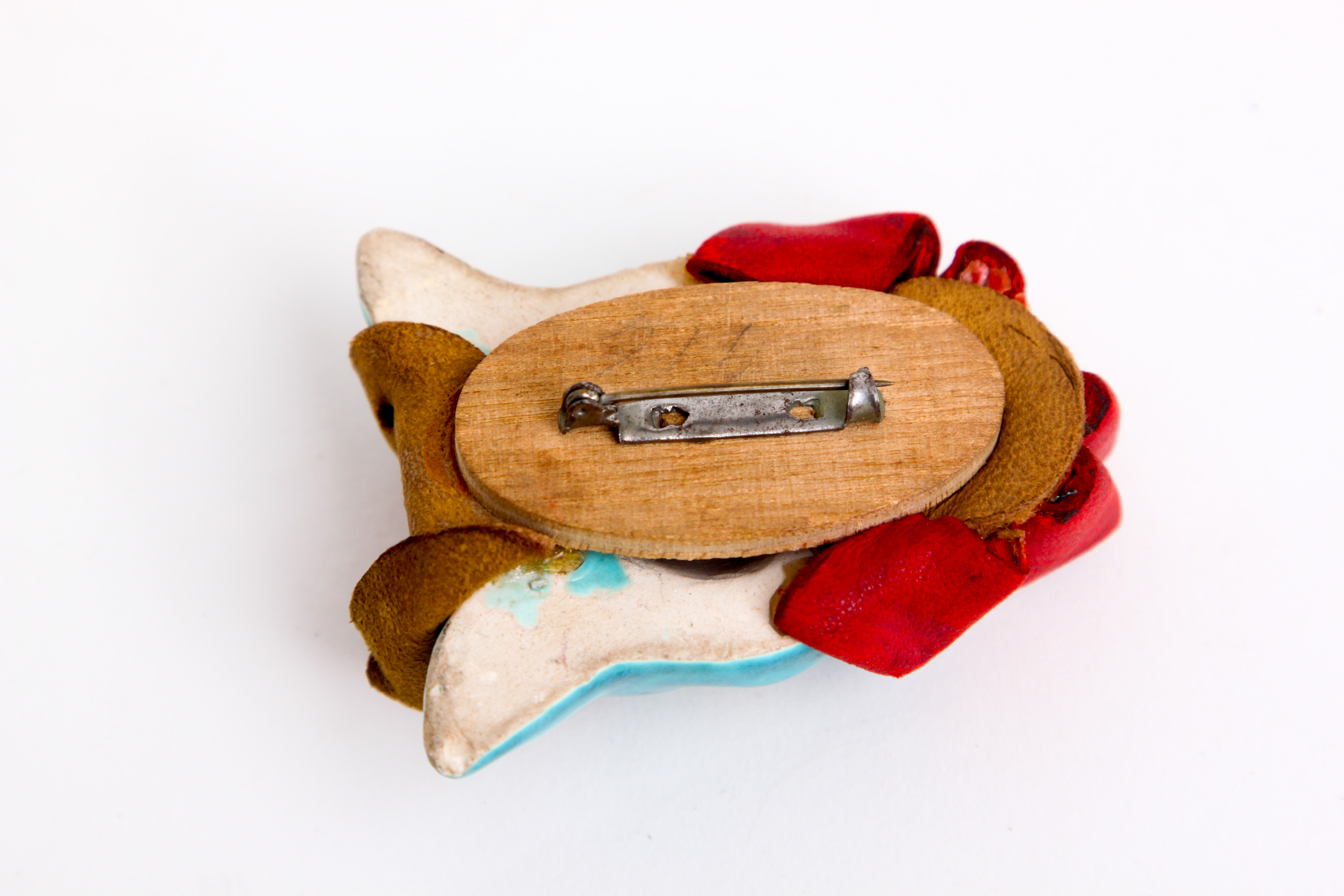 Vintage Elzac "Victim of Fashion" Ceramic and Leather Cat Brooch