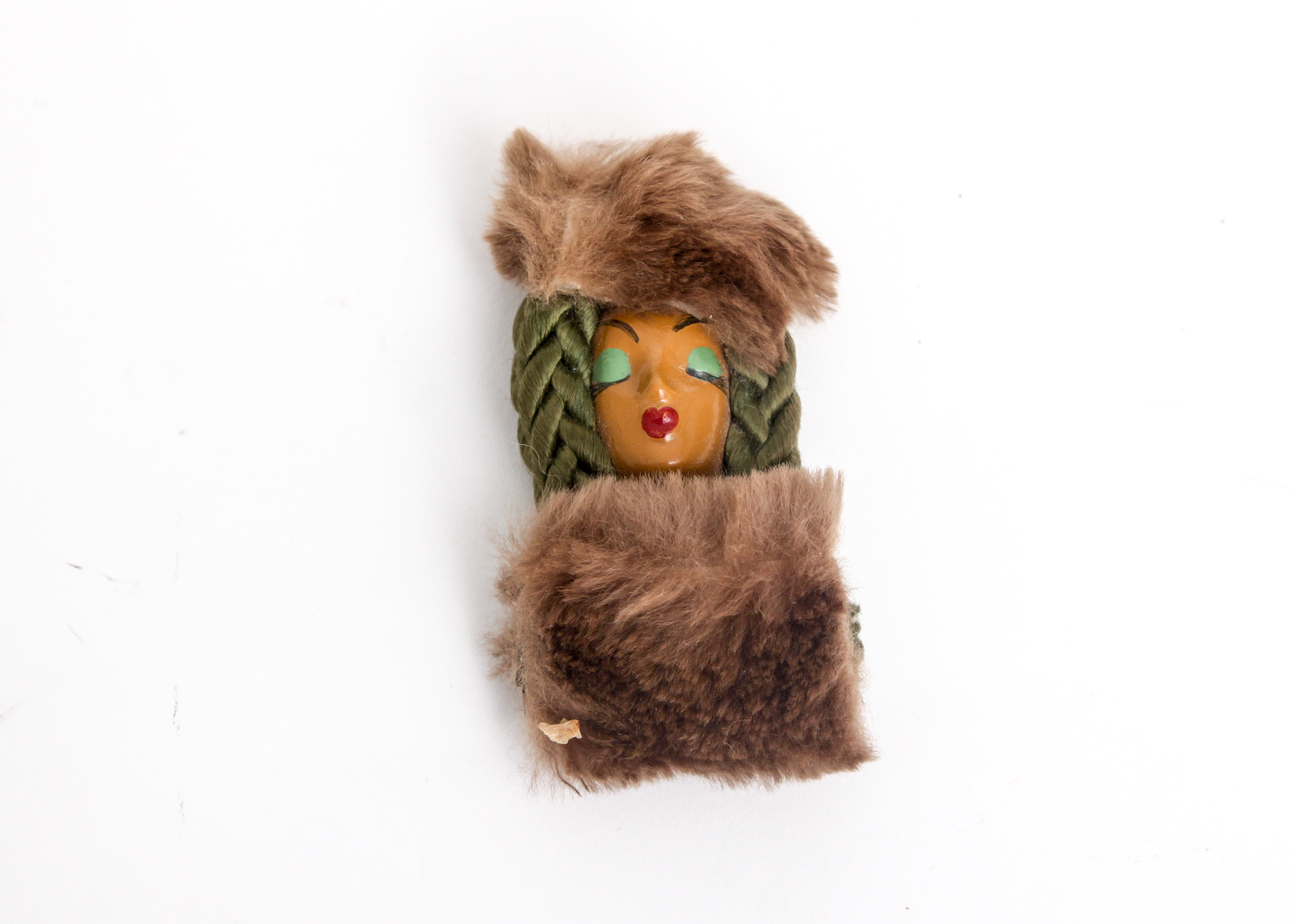 Vintage Elzac "Victim of Fashion" Ceramic and Fur Female Head Brooch