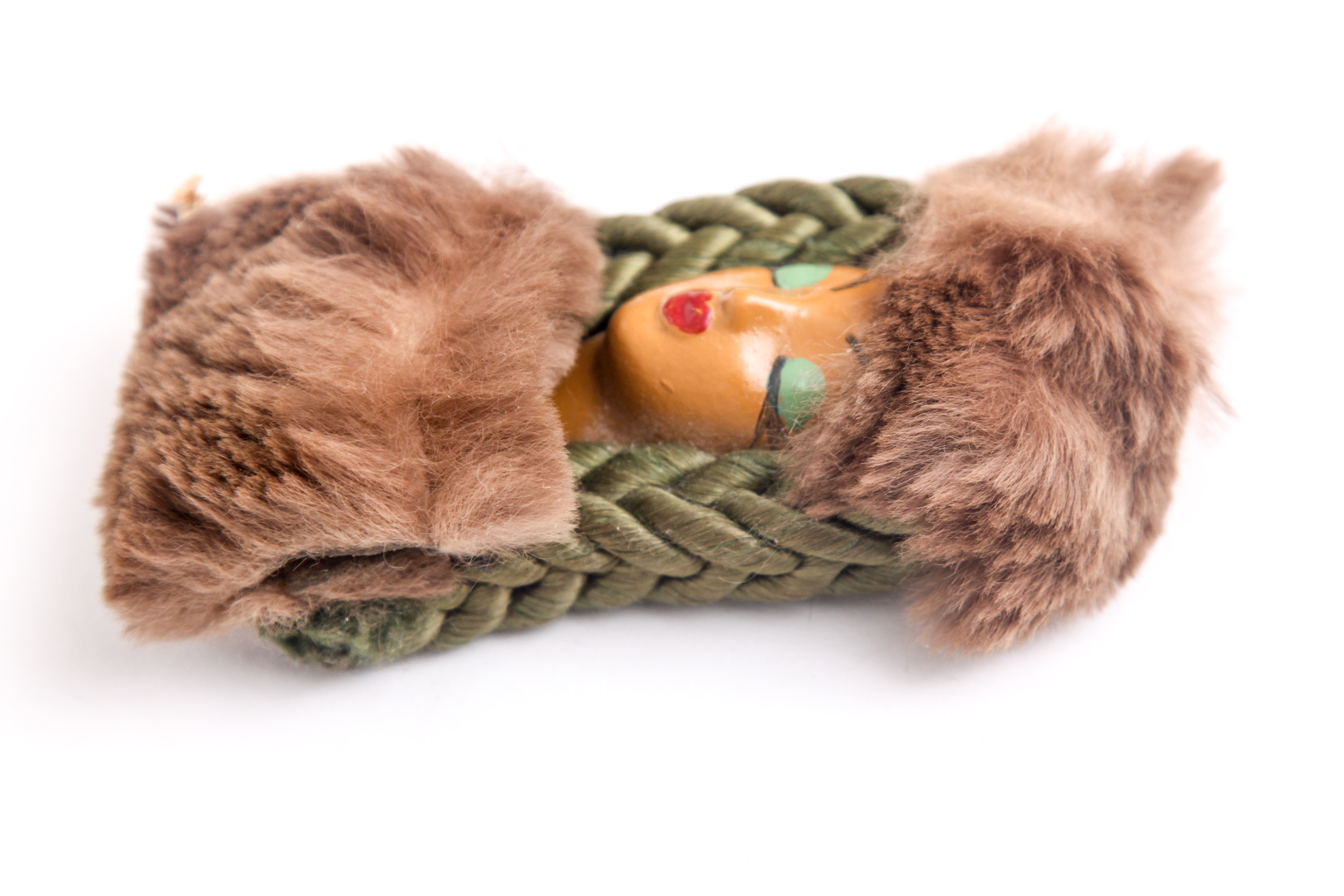 Vintage Elzac "Victim of Fashion" Ceramic and Fur Female Head Brooch