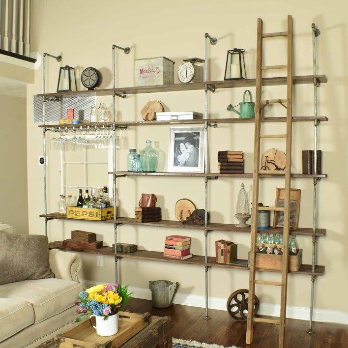 Industrial Pipe and Wood 9' Wall Shelving Unit