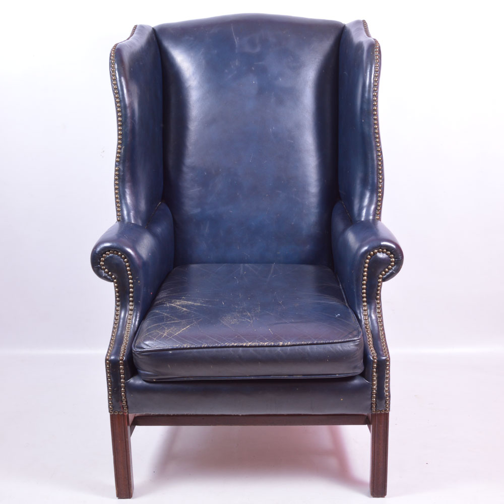 Navy Blue Leather Wingback Chair by Classic Leather, Inc.