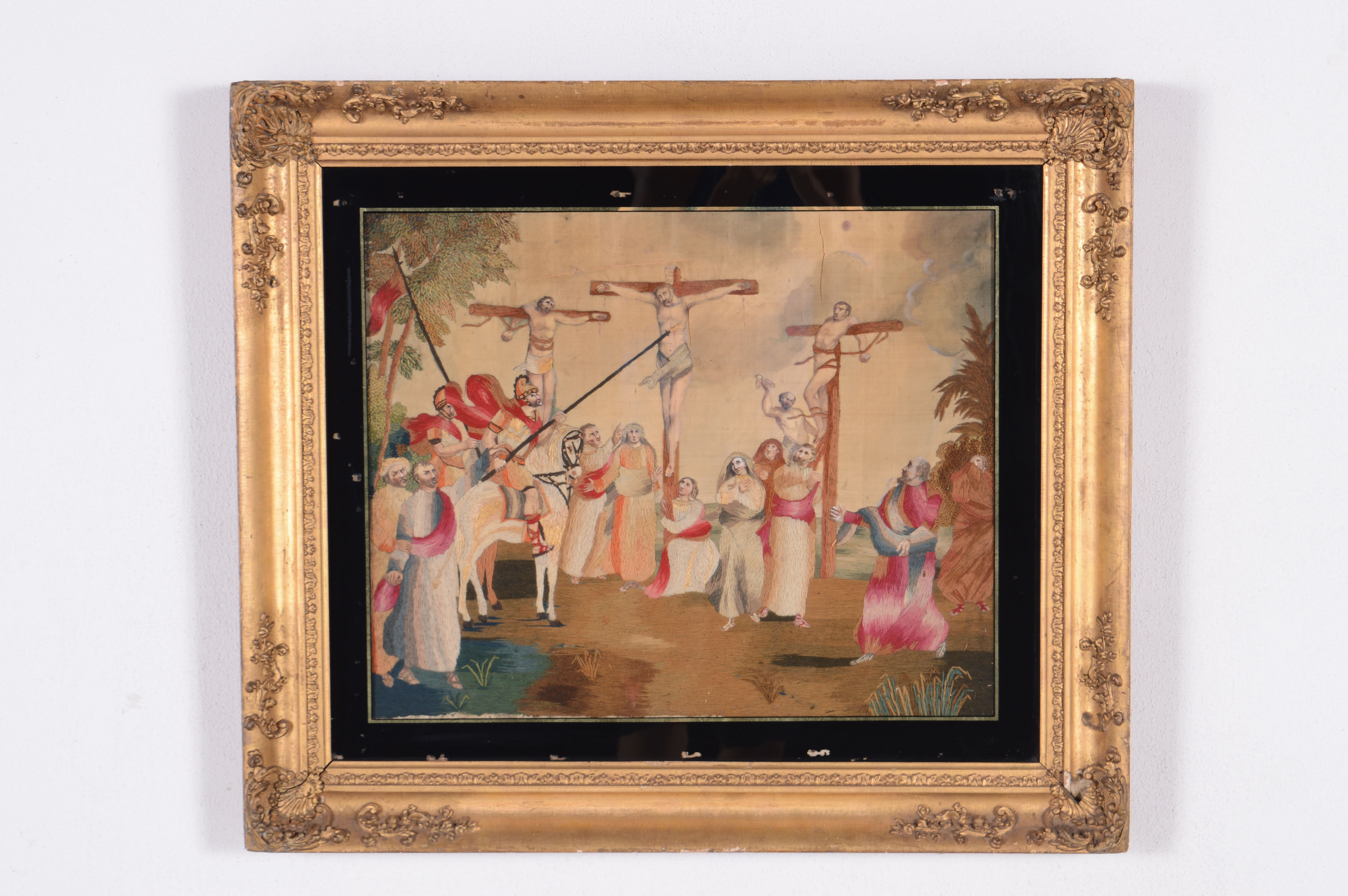 Original Antique Drawing on Silk with Crewelwork