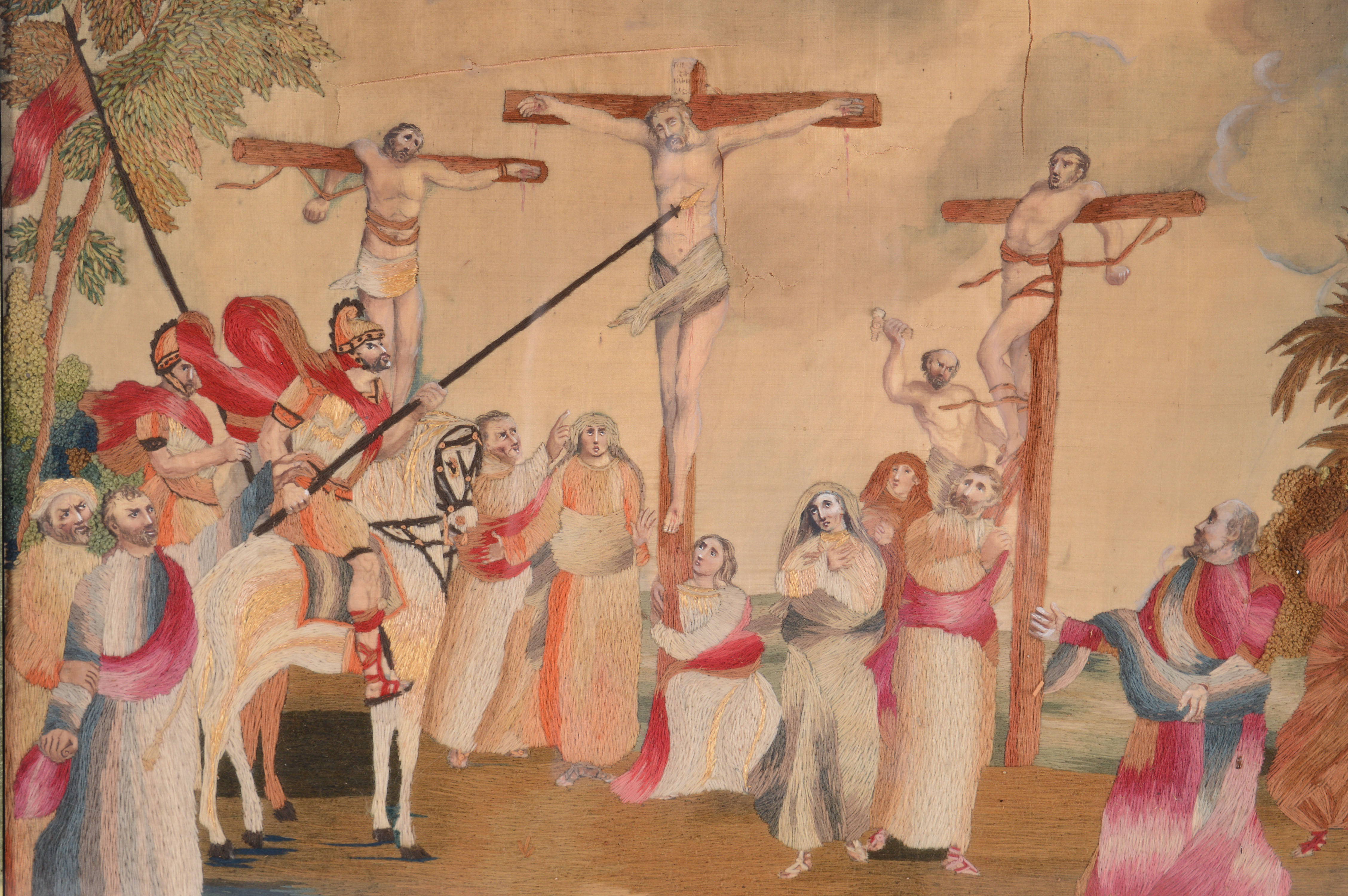 Original Antique Drawing on Silk with Crewelwork