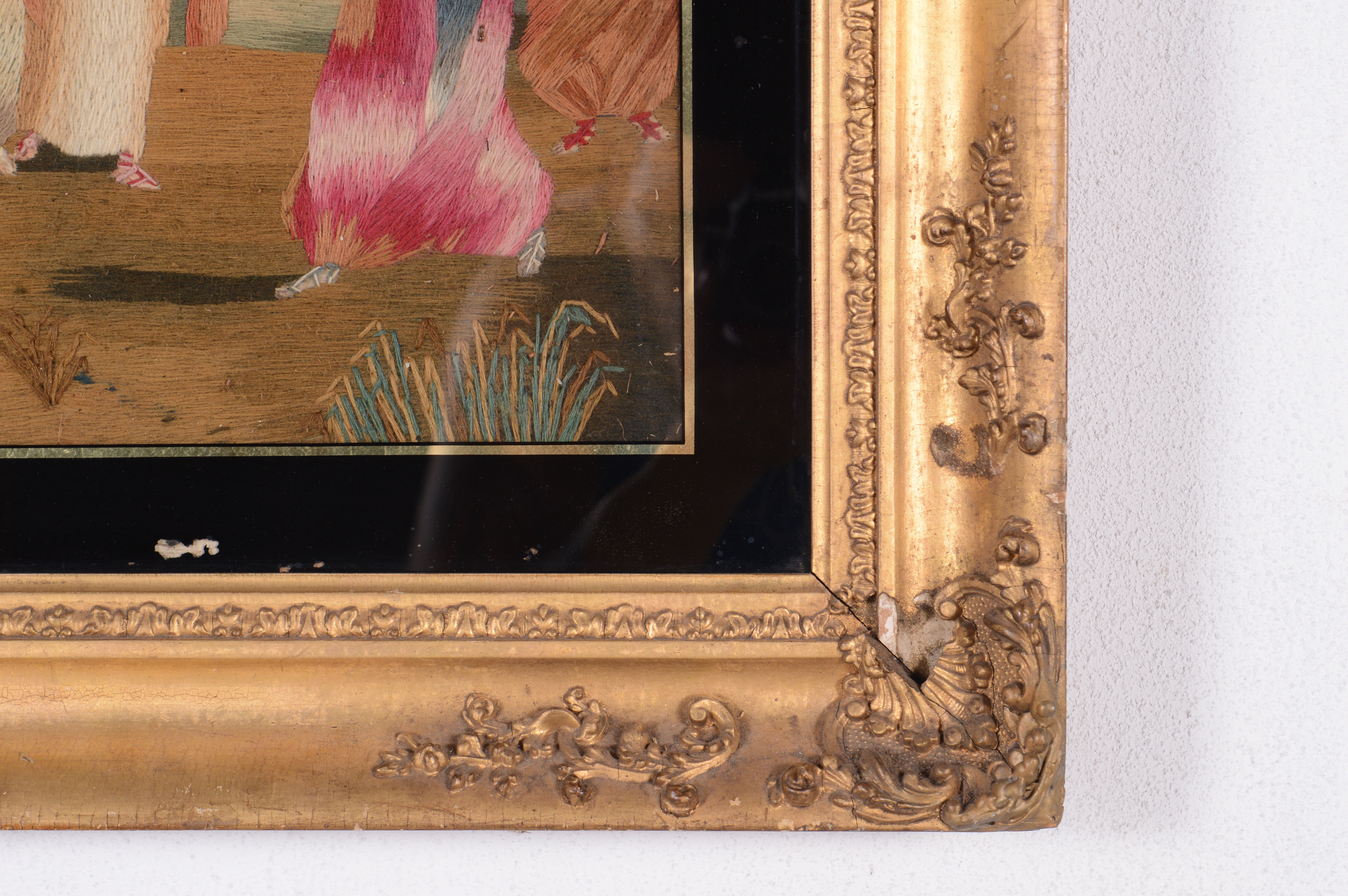 Original Antique Drawing on Silk with Crewelwork