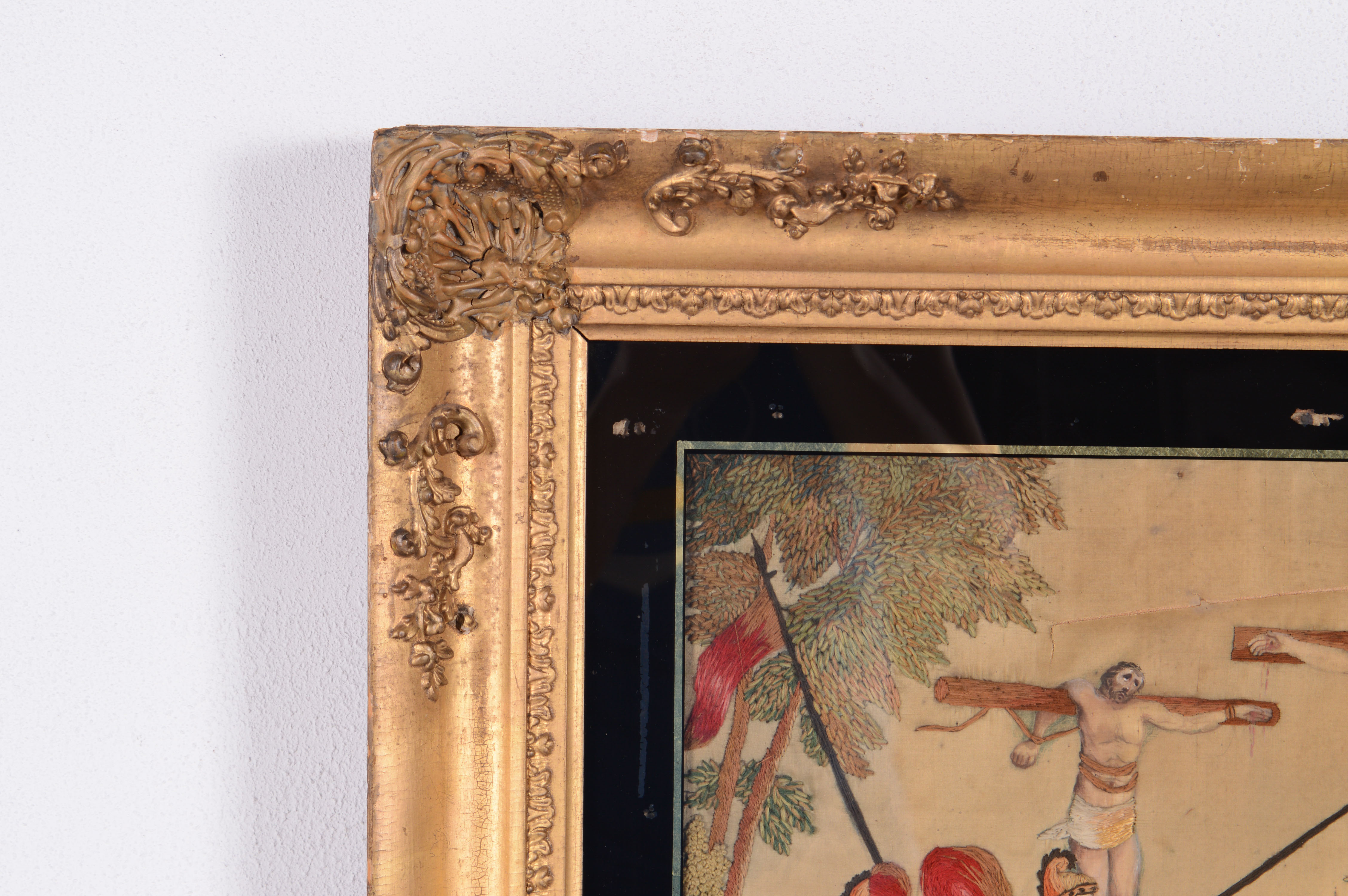 Original Antique Drawing on Silk with Crewelwork