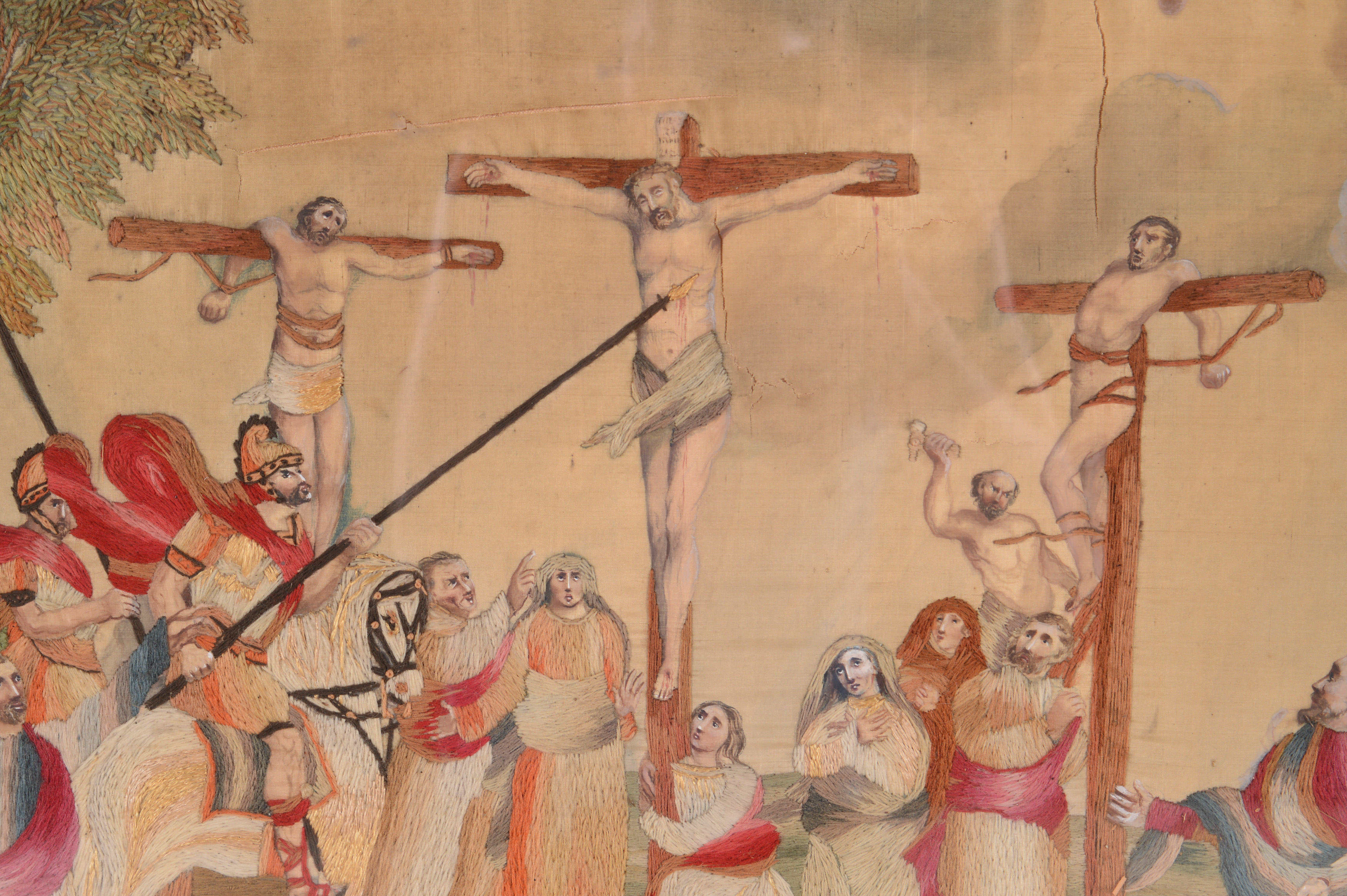 Original Antique Drawing on Silk with Crewelwork