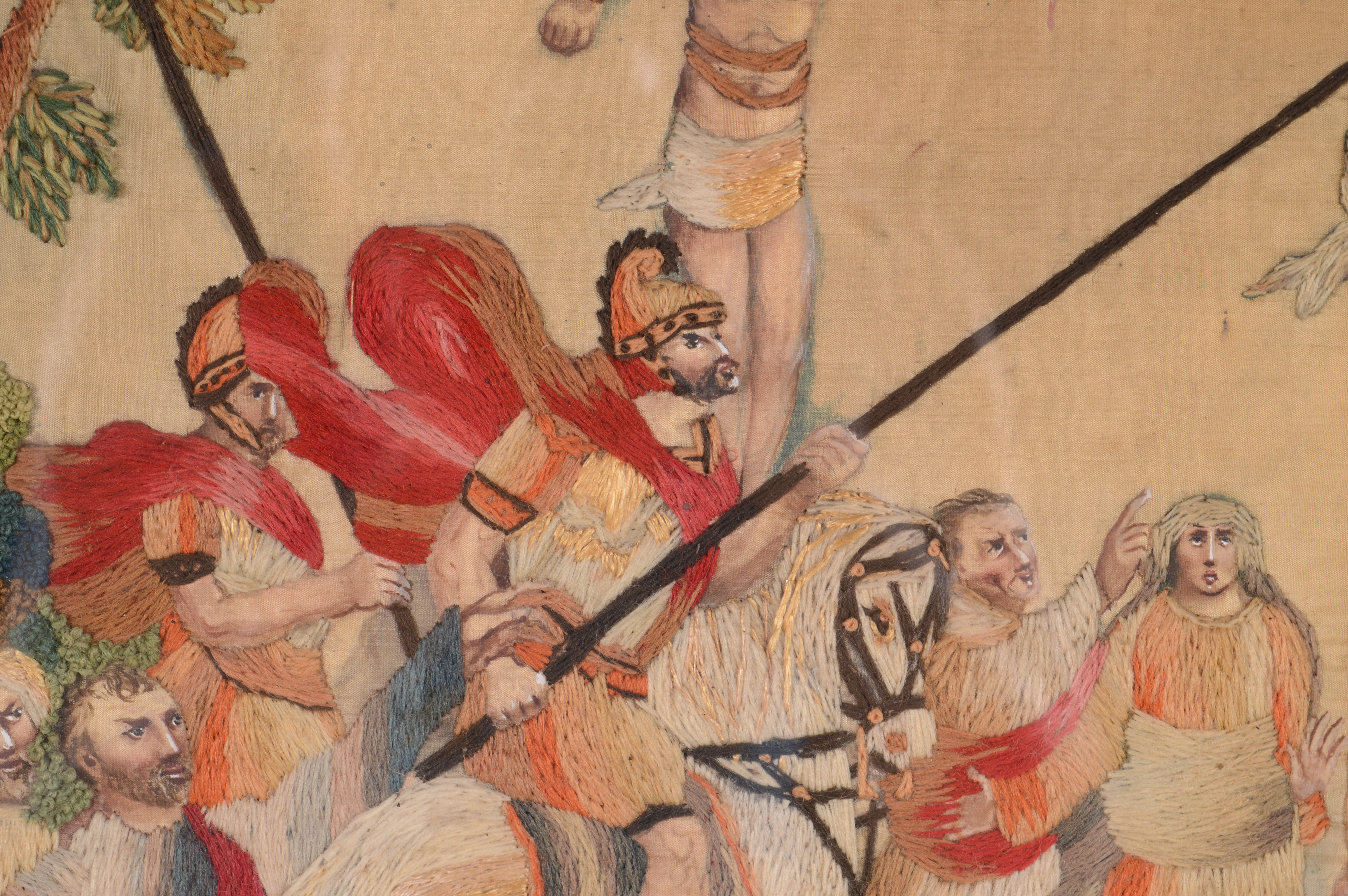 Original Antique Drawing on Silk with Crewelwork