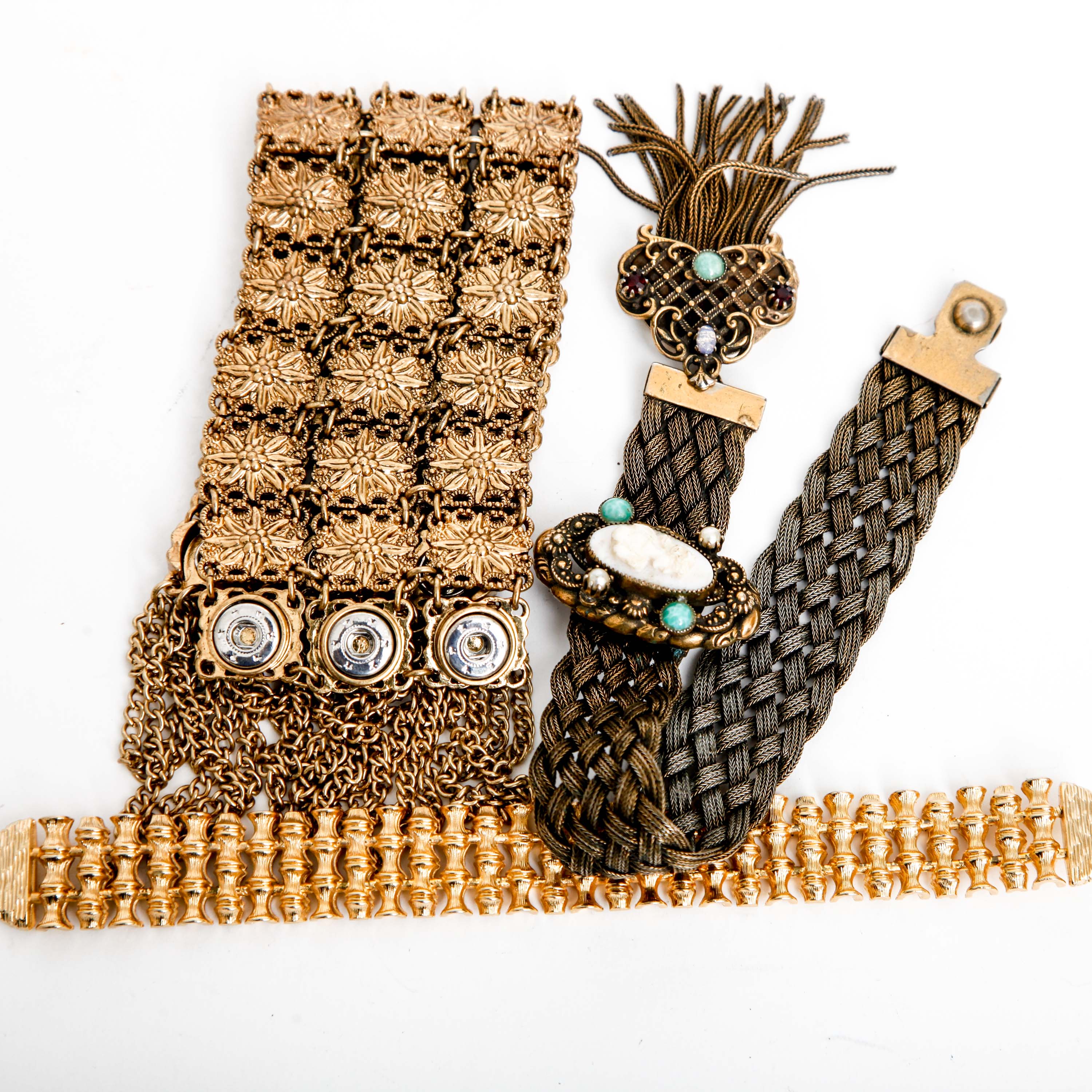 Gold Tone Victorian Metal Mesh and Chain Bracelets