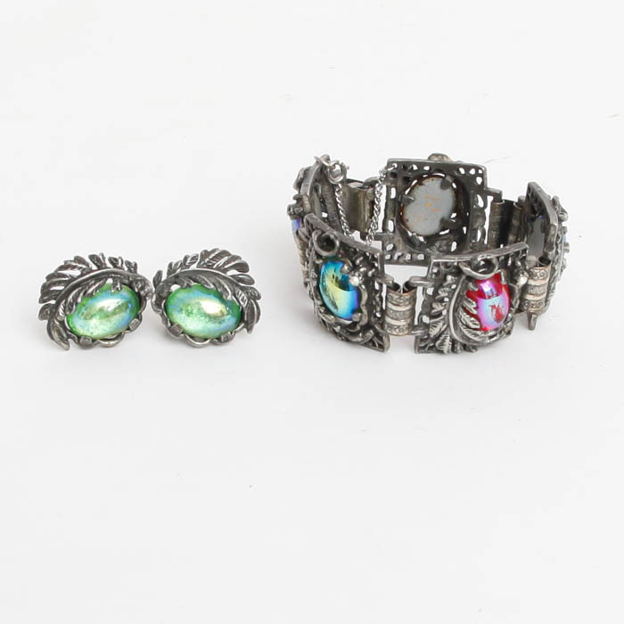 Silver Toned and Iridescent Stone Bracelet and Earrings