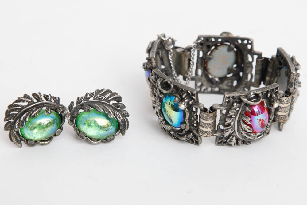 Silver Toned and Iridescent Stone Bracelet and Earrings