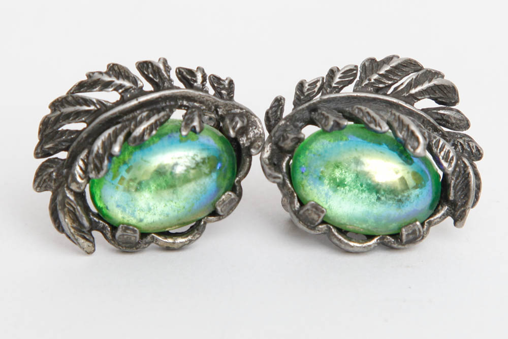 Silver Toned and Iridescent Stone Bracelet and Earrings