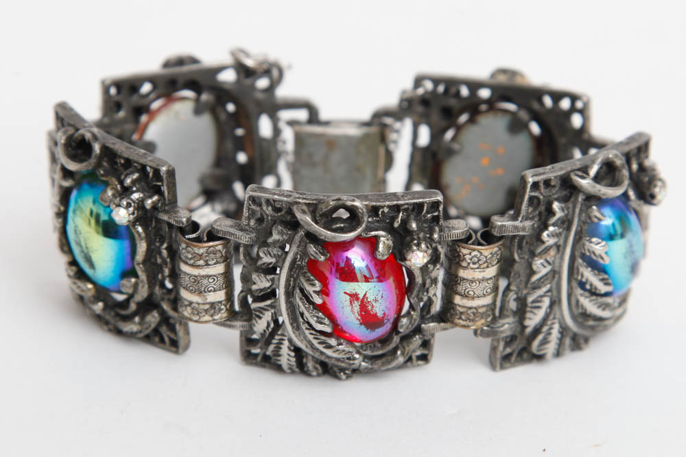 Silver Toned and Iridescent Stone Bracelet and Earrings