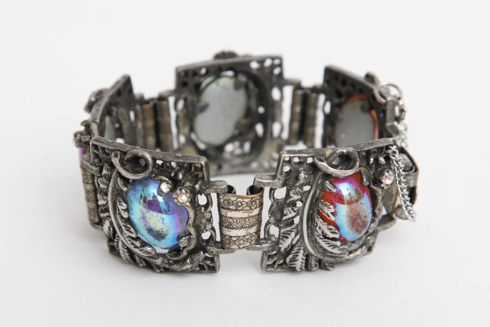 Silver Toned and Iridescent Stone Bracelet and Earrings