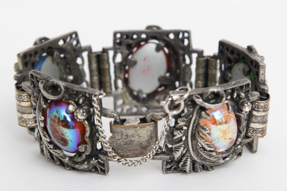 Silver Toned and Iridescent Stone Bracelet and Earrings