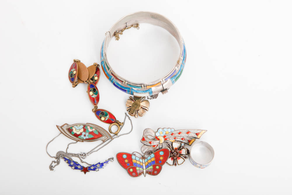 Collection of Colorful Guilloche Enameled Jewelry