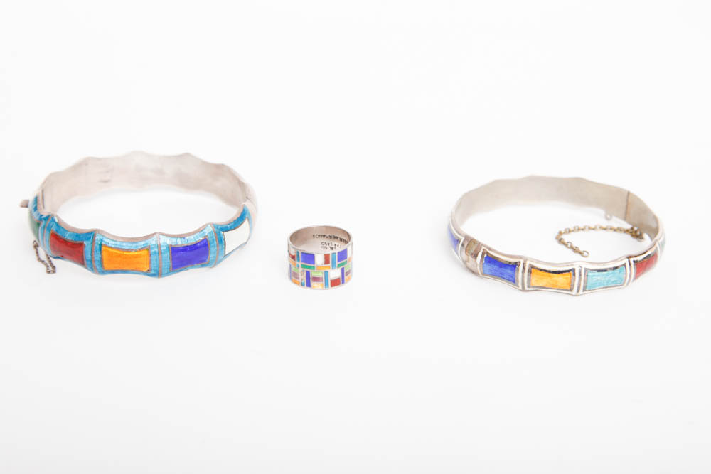 Collection of Colorful Guilloche Enameled Jewelry