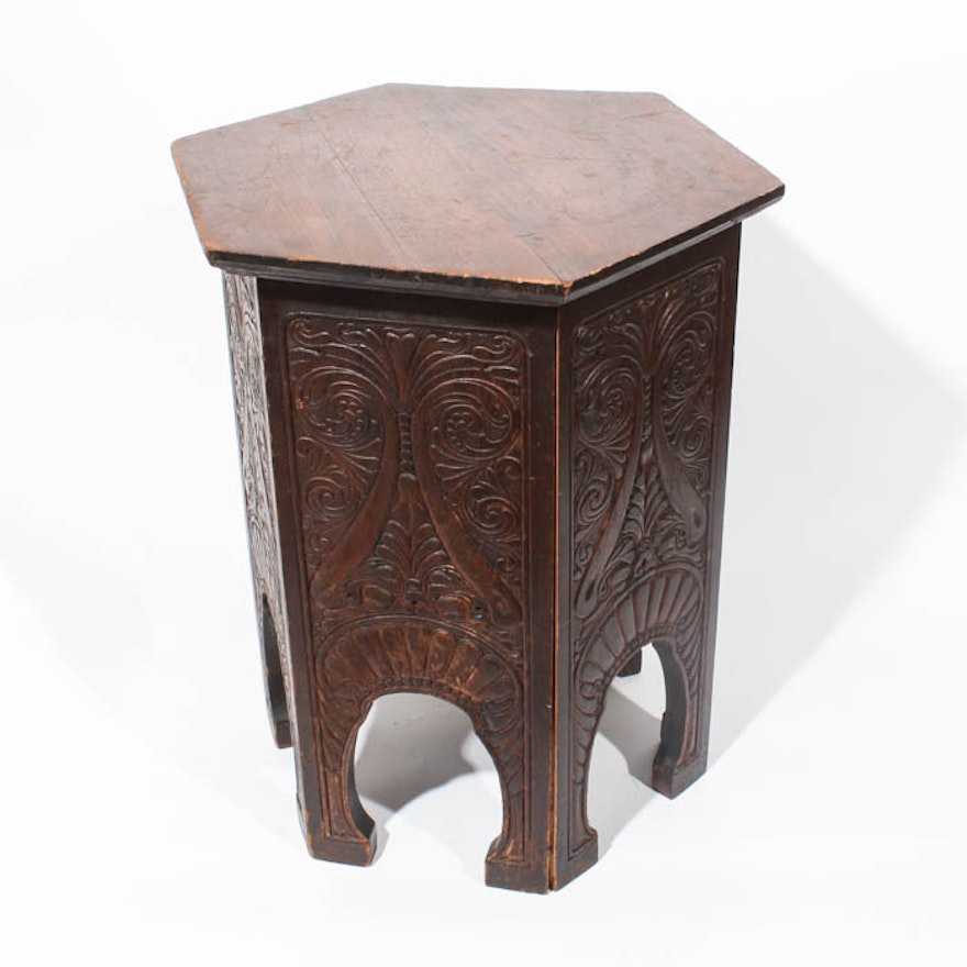 Six Sided Carved Wood Accent Table