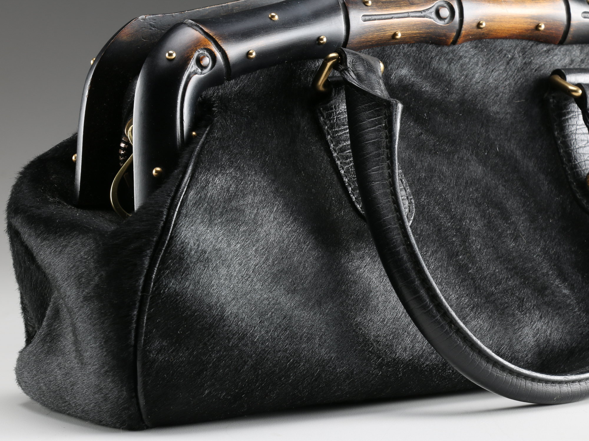 Gucci Black Calf Hair and Leather Handbag