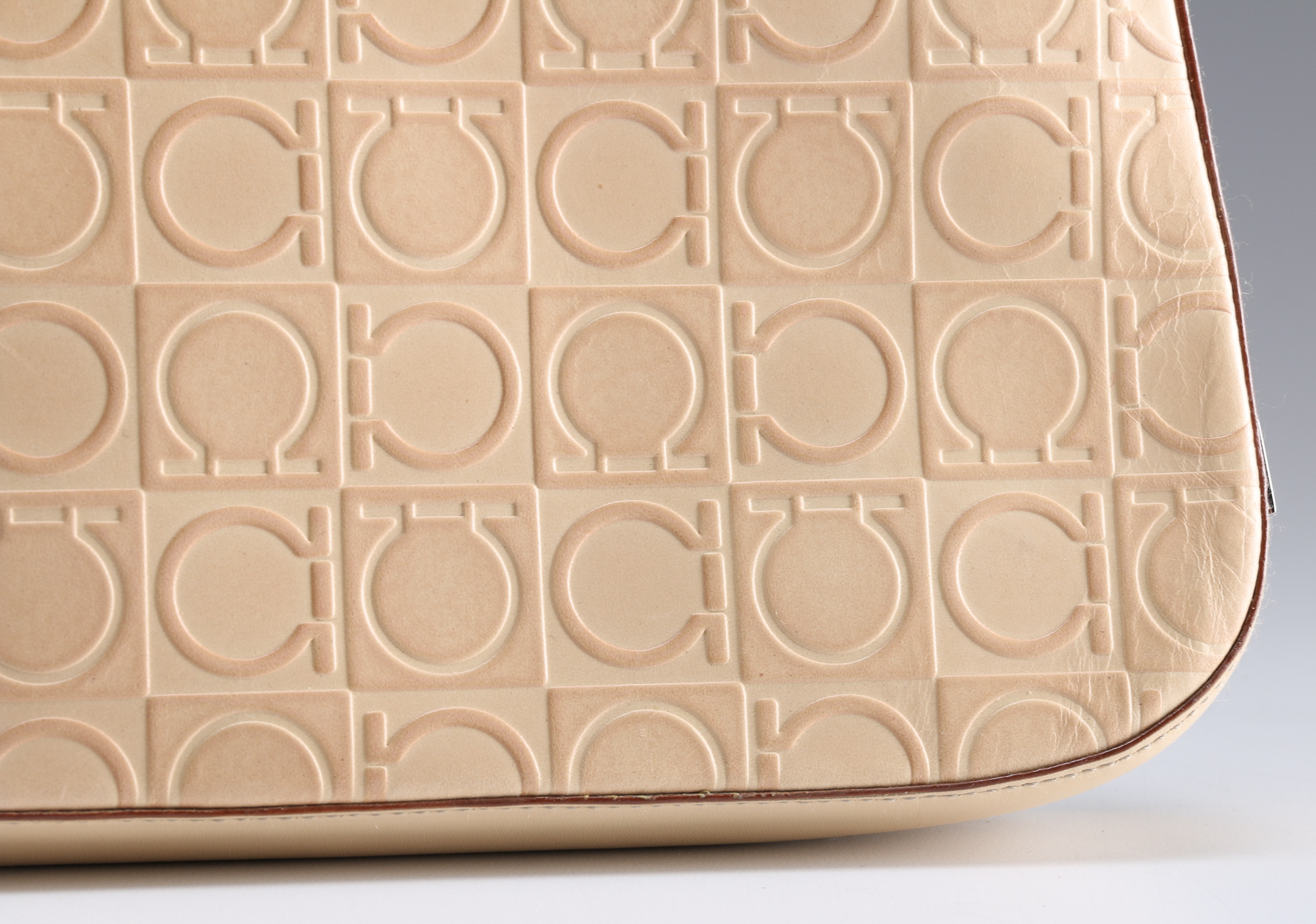 Salvatore Ferragamo Almond Leather Gancini Logo Baguette Bag