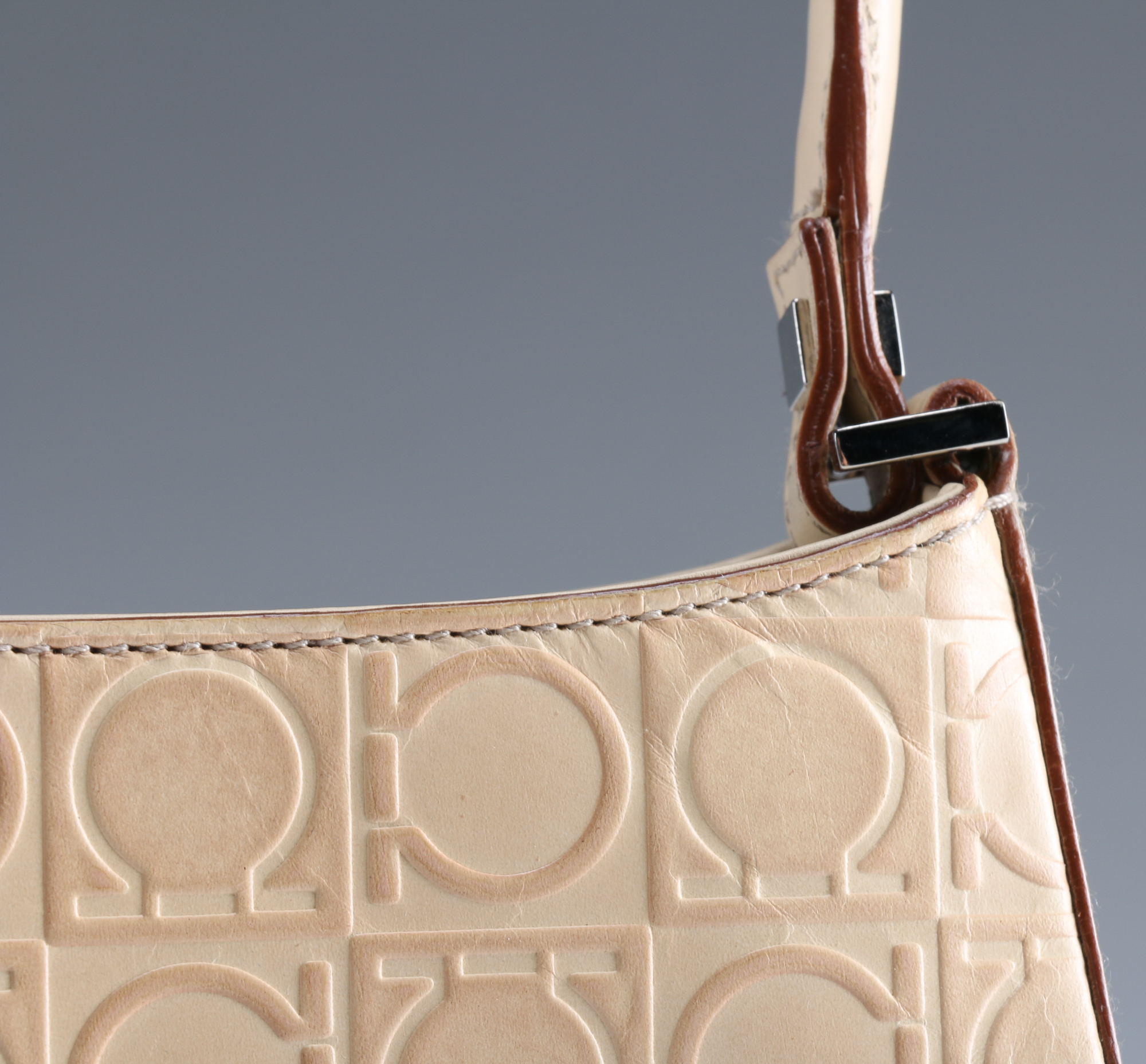 Salvatore Ferragamo Almond Leather Gancini Logo Baguette Bag