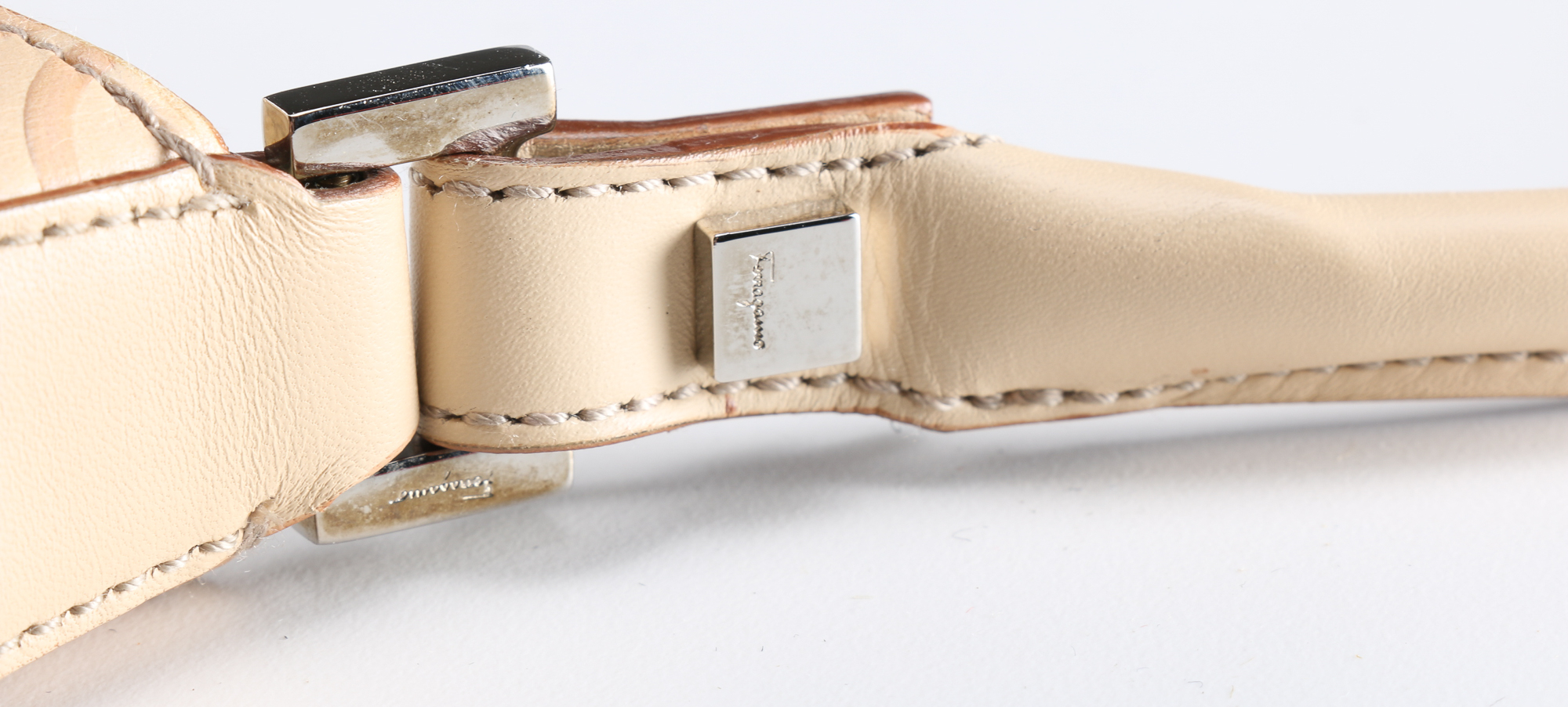 Salvatore Ferragamo Almond Leather Gancini Logo Baguette Bag