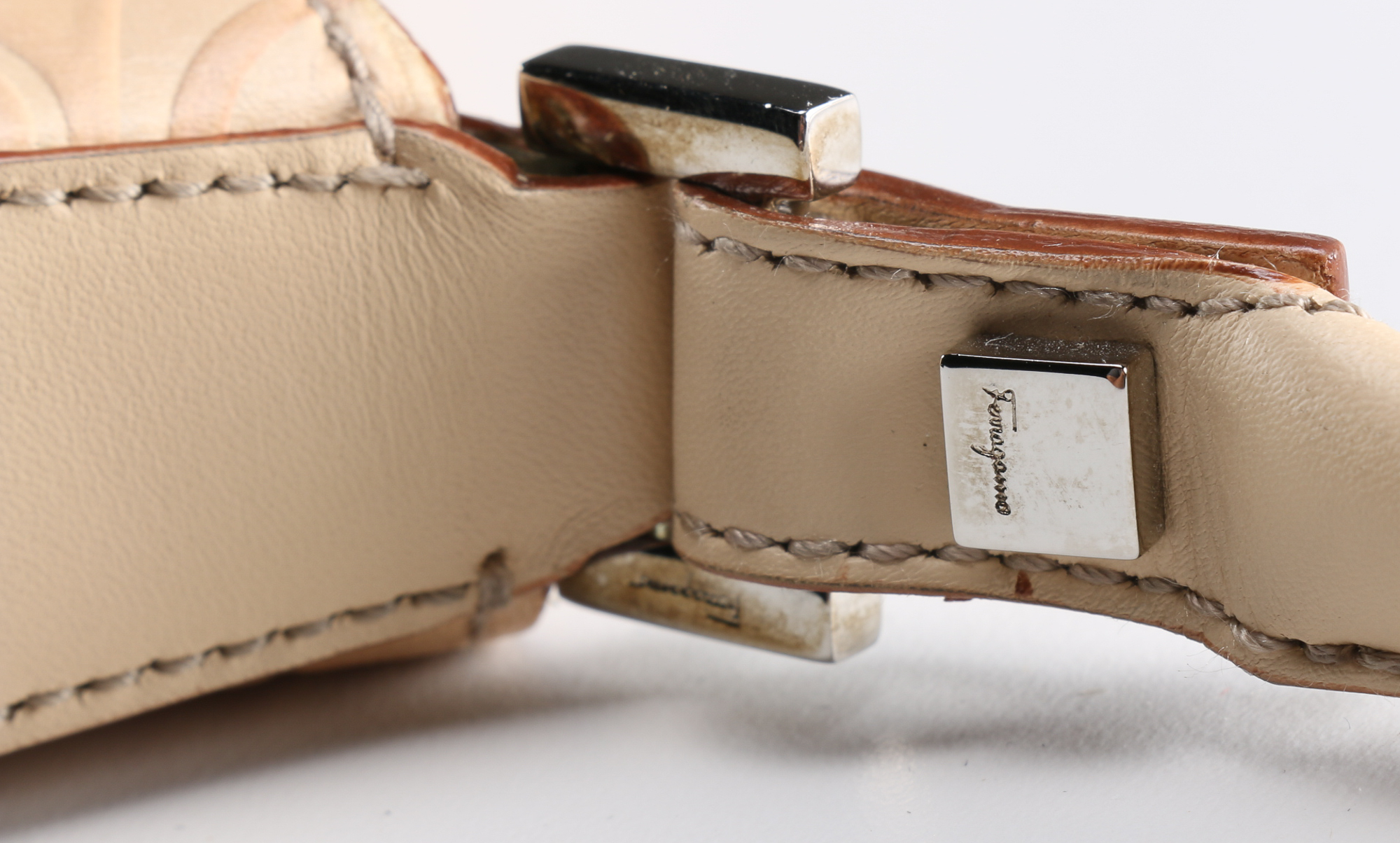 Salvatore Ferragamo Almond Leather Gancini Logo Baguette Bag