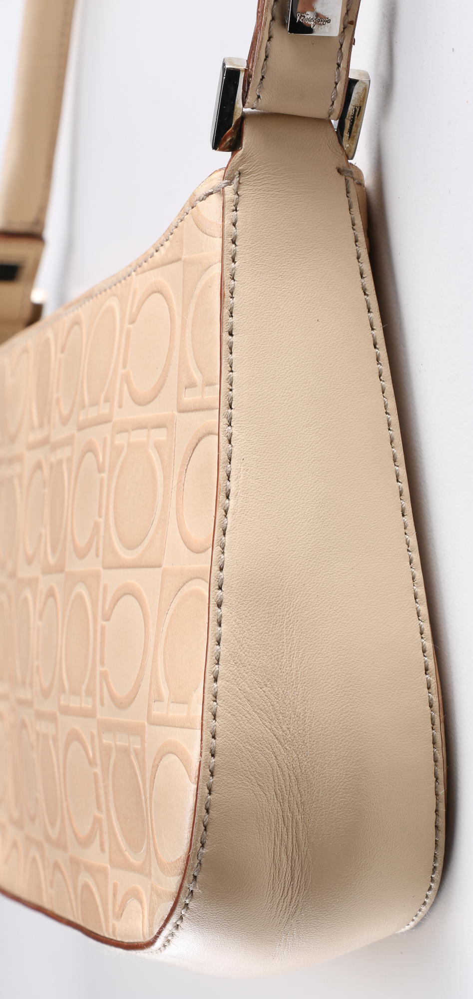 Salvatore Ferragamo Almond Leather Gancini Logo Baguette Bag