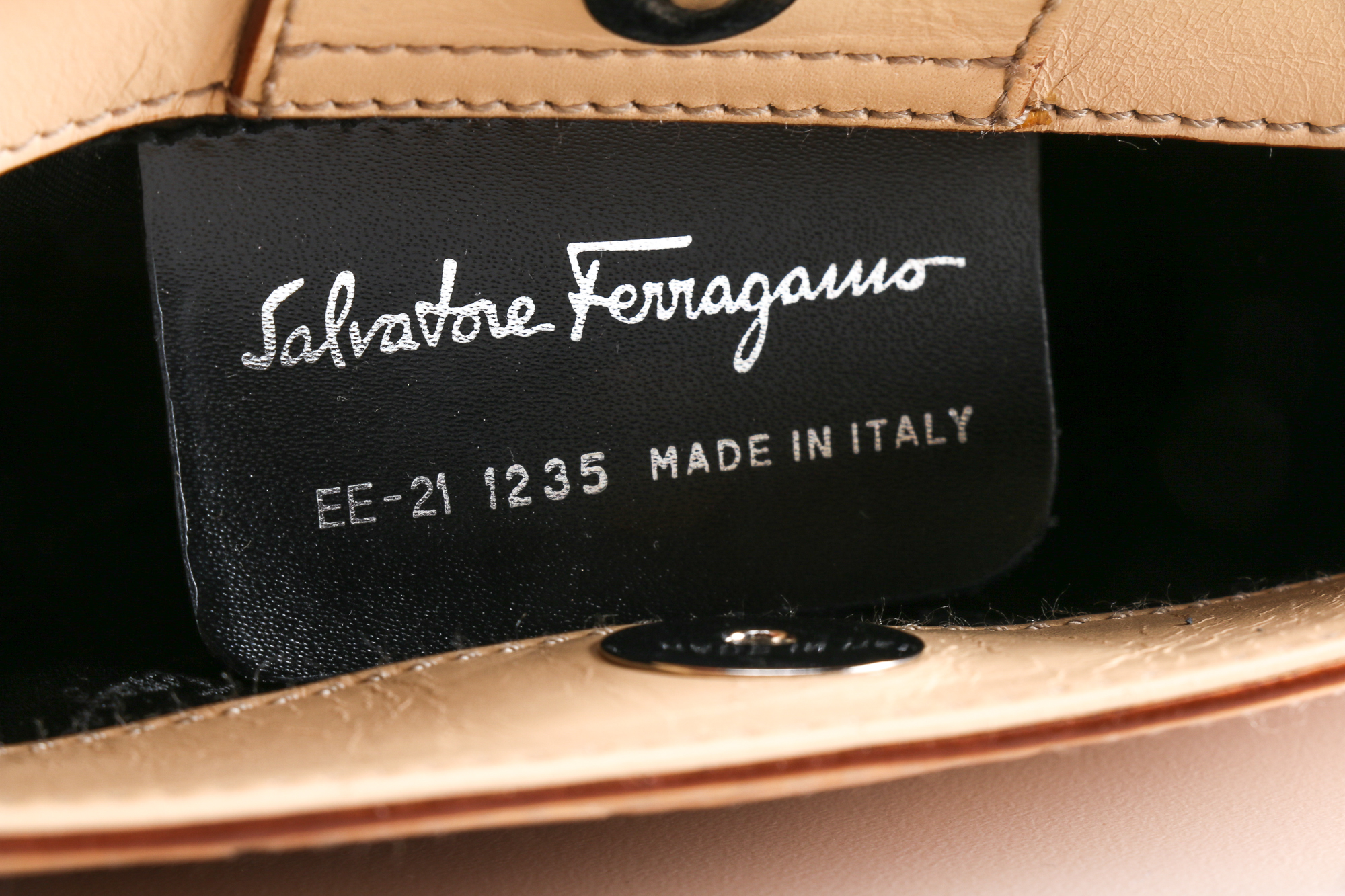 Salvatore Ferragamo Almond Leather Gancini Logo Baguette Bag