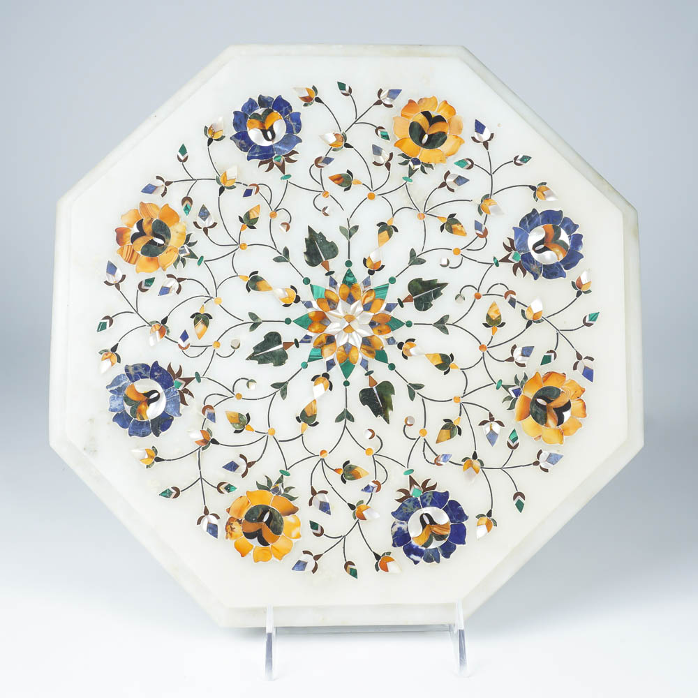 White Marble Pietra Dura Slab with Lapis Lazuli, Mother of Pearl, Malachite and Orange Agate Inlay