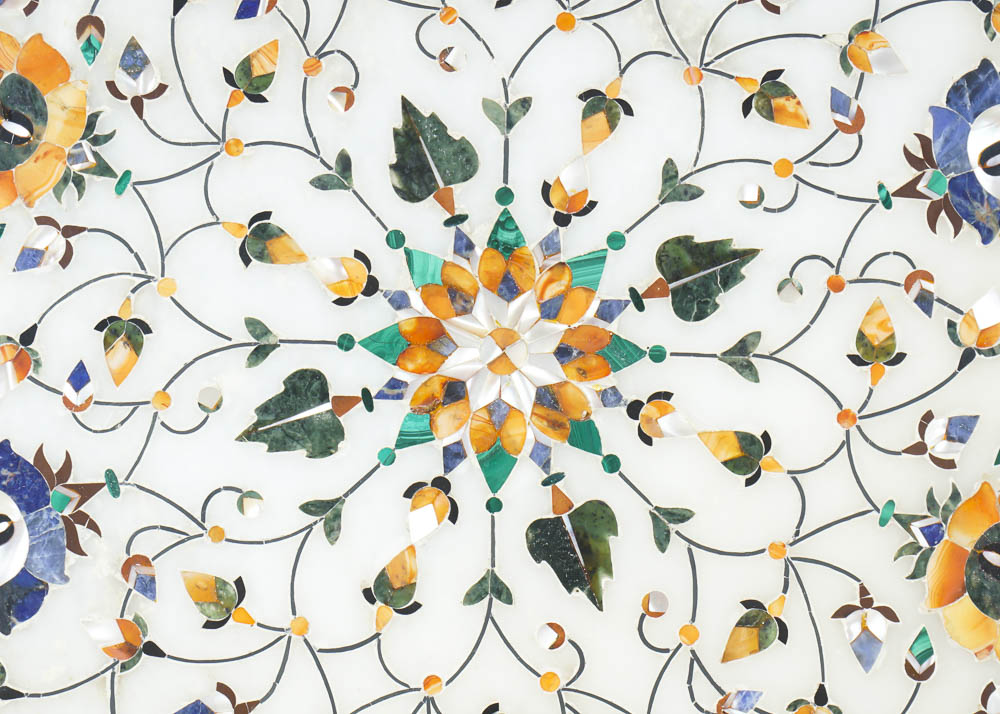 White Marble Pietra Dura Slab with Lapis Lazuli, Mother of Pearl, Malachite and Orange Agate Inlay