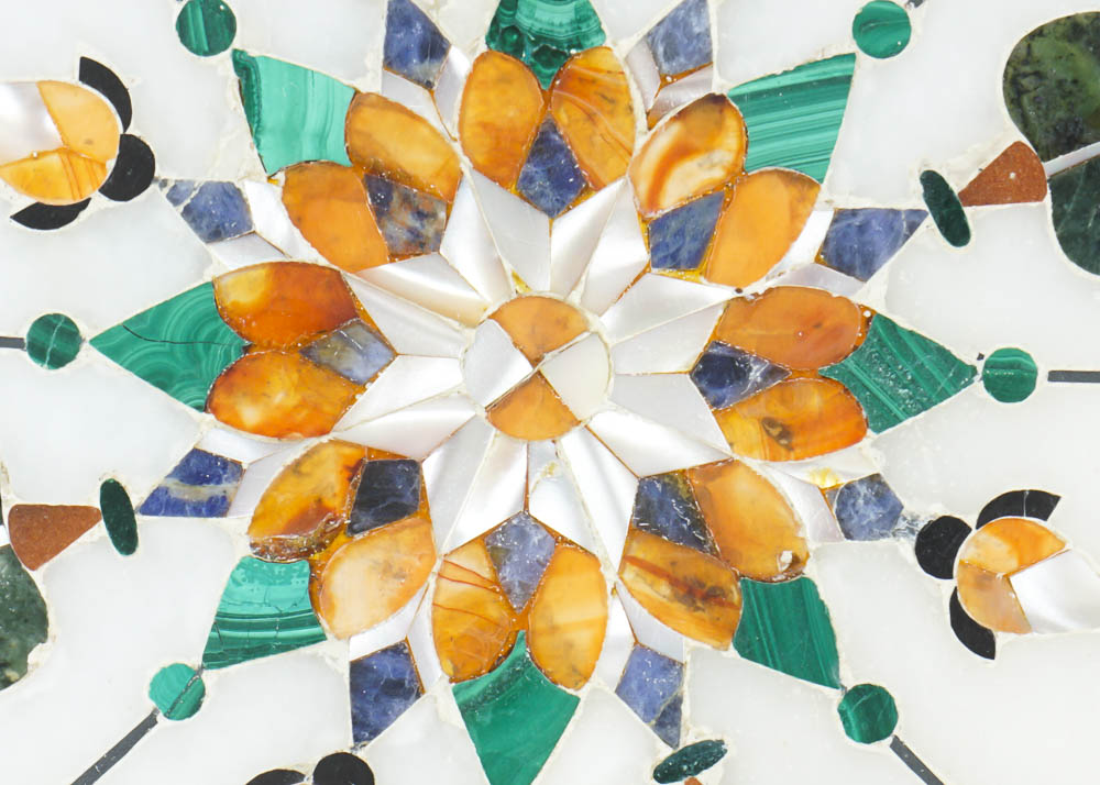 White Marble Pietra Dura Slab with Lapis Lazuli, Mother of Pearl, Malachite and Orange Agate Inlay