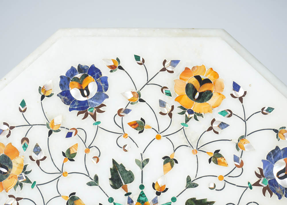White Marble Pietra Dura Slab with Lapis Lazuli, Mother of Pearl, Malachite and Orange Agate Inlay