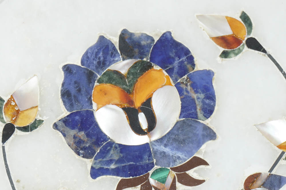 White Marble Pietra Dura Slab with Lapis Lazuli, Mother of Pearl, Malachite and Orange Agate Inlay