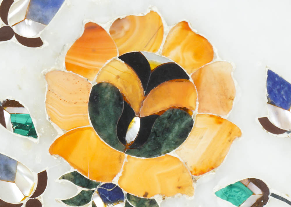 White Marble Pietra Dura Slab with Lapis Lazuli, Mother of Pearl, Malachite and Orange Agate Inlay
