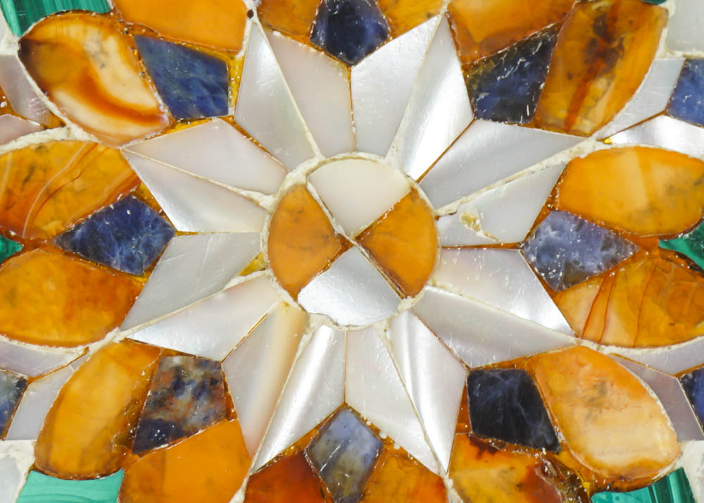 White Marble Pietra Dura Slab with Lapis Lazuli, Mother of Pearl, Malachite and Orange Agate Inlay