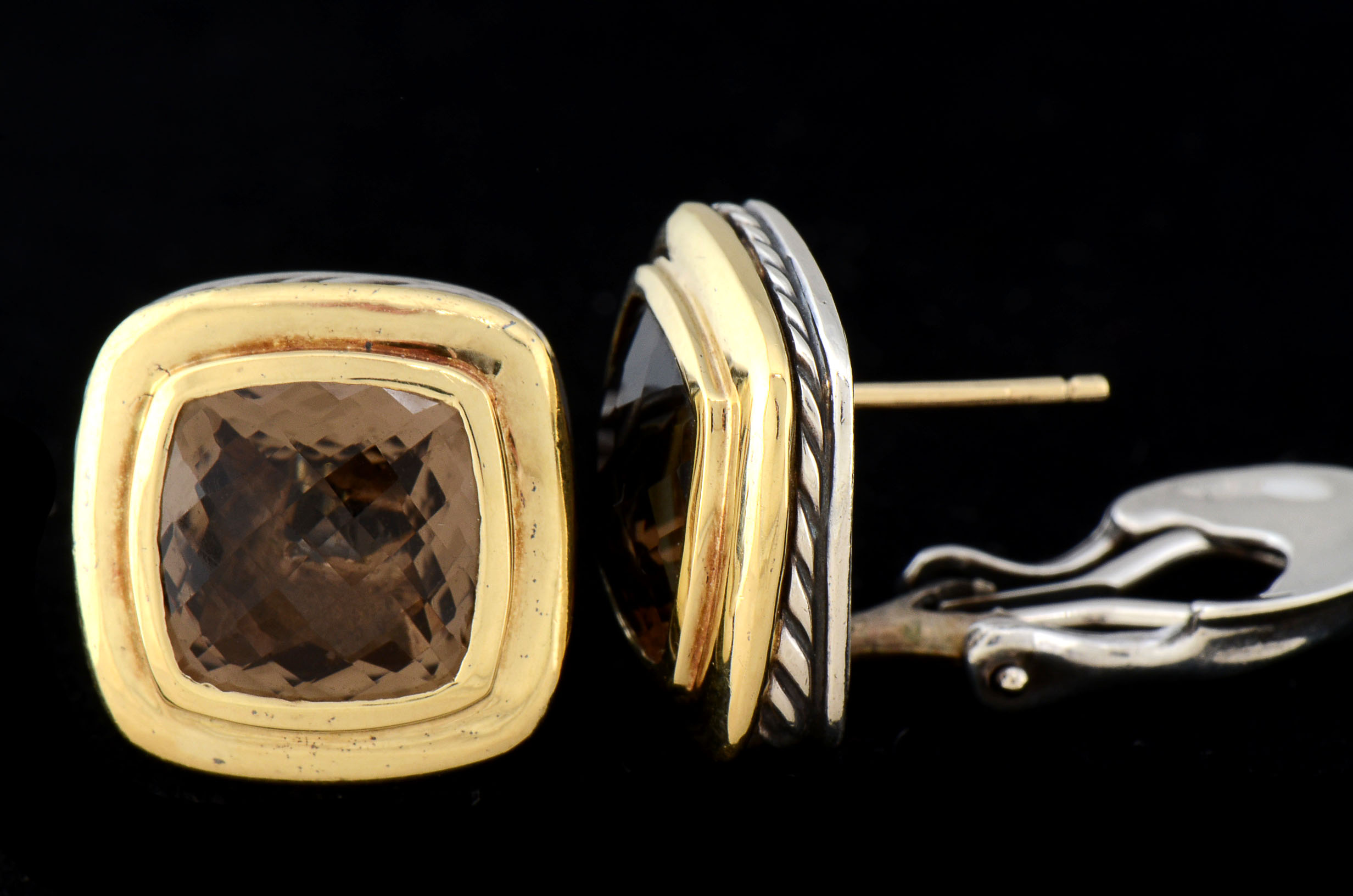 David Yurman Sterling Silver and 18K Yellow Gold Smoky Quartz Pierced Earrings