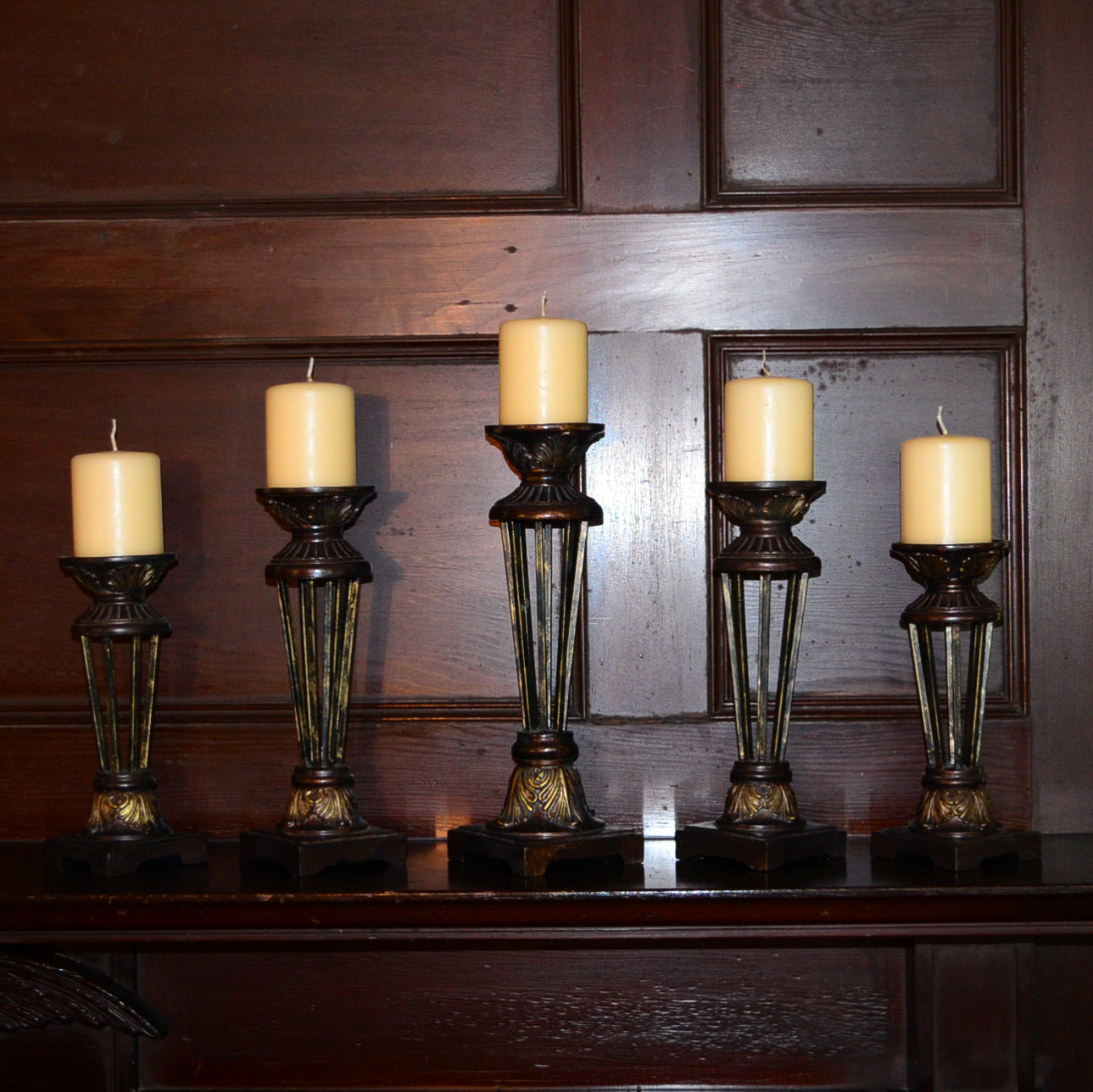 Set of Five Glass and Brass Decorative Candlesticks