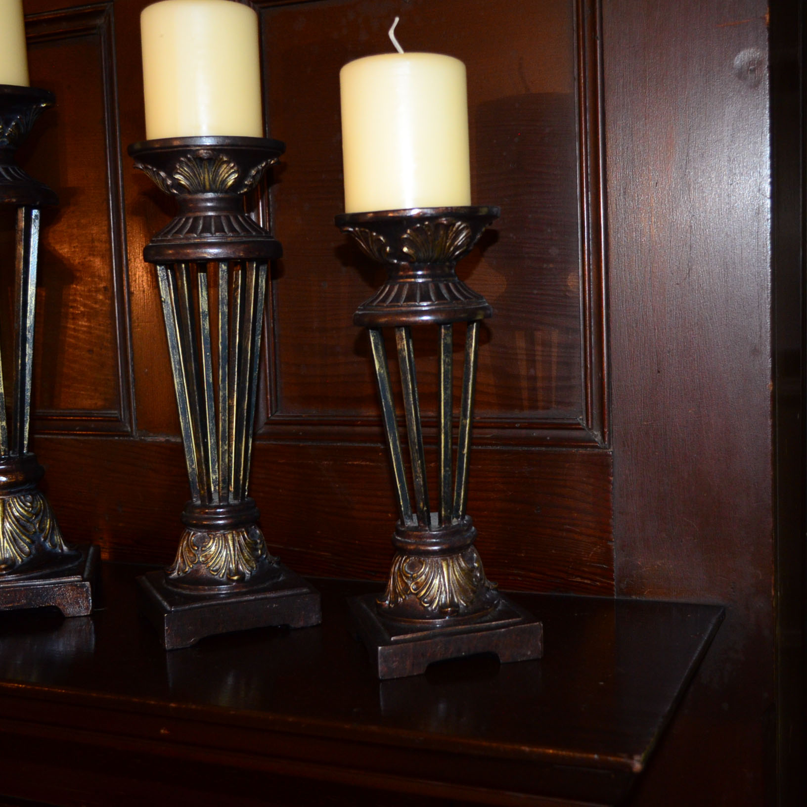 Set of Five Glass and Brass Decorative Candlesticks