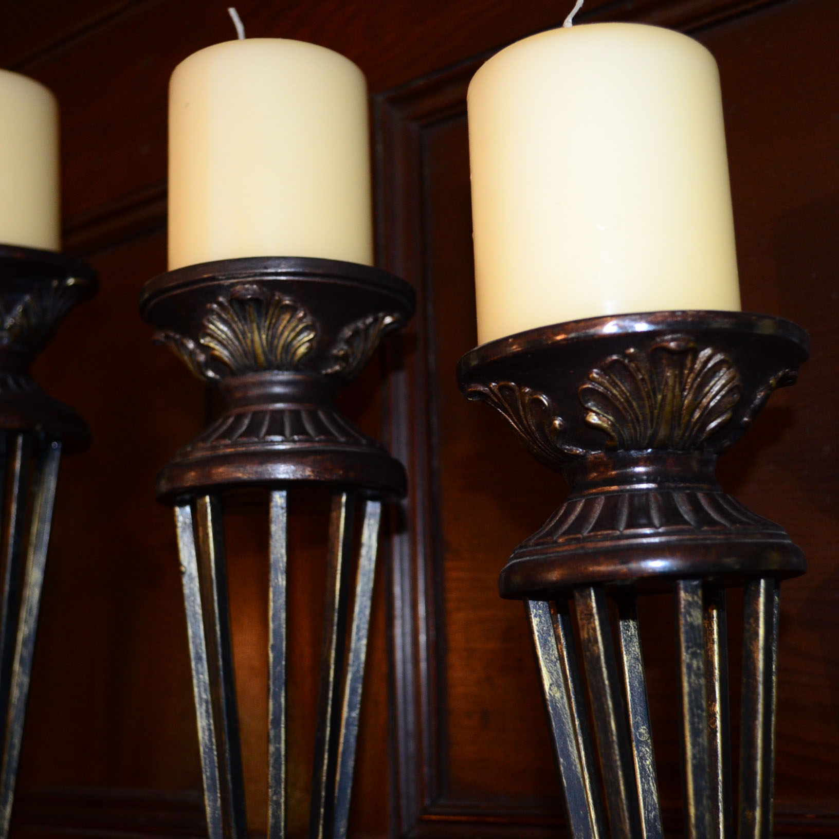 Set of Five Glass and Brass Decorative Candlesticks