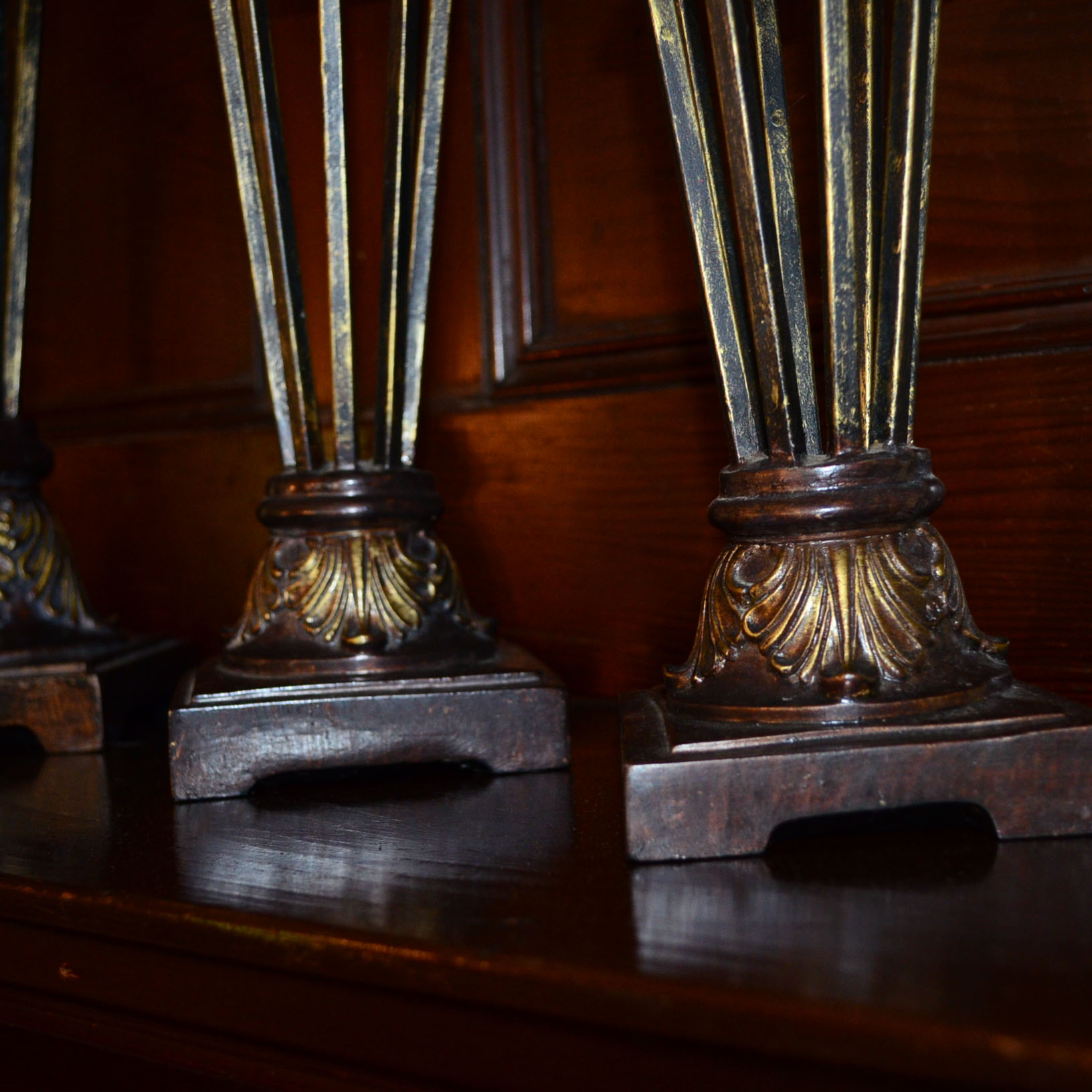 Set of Five Glass and Brass Decorative Candlesticks