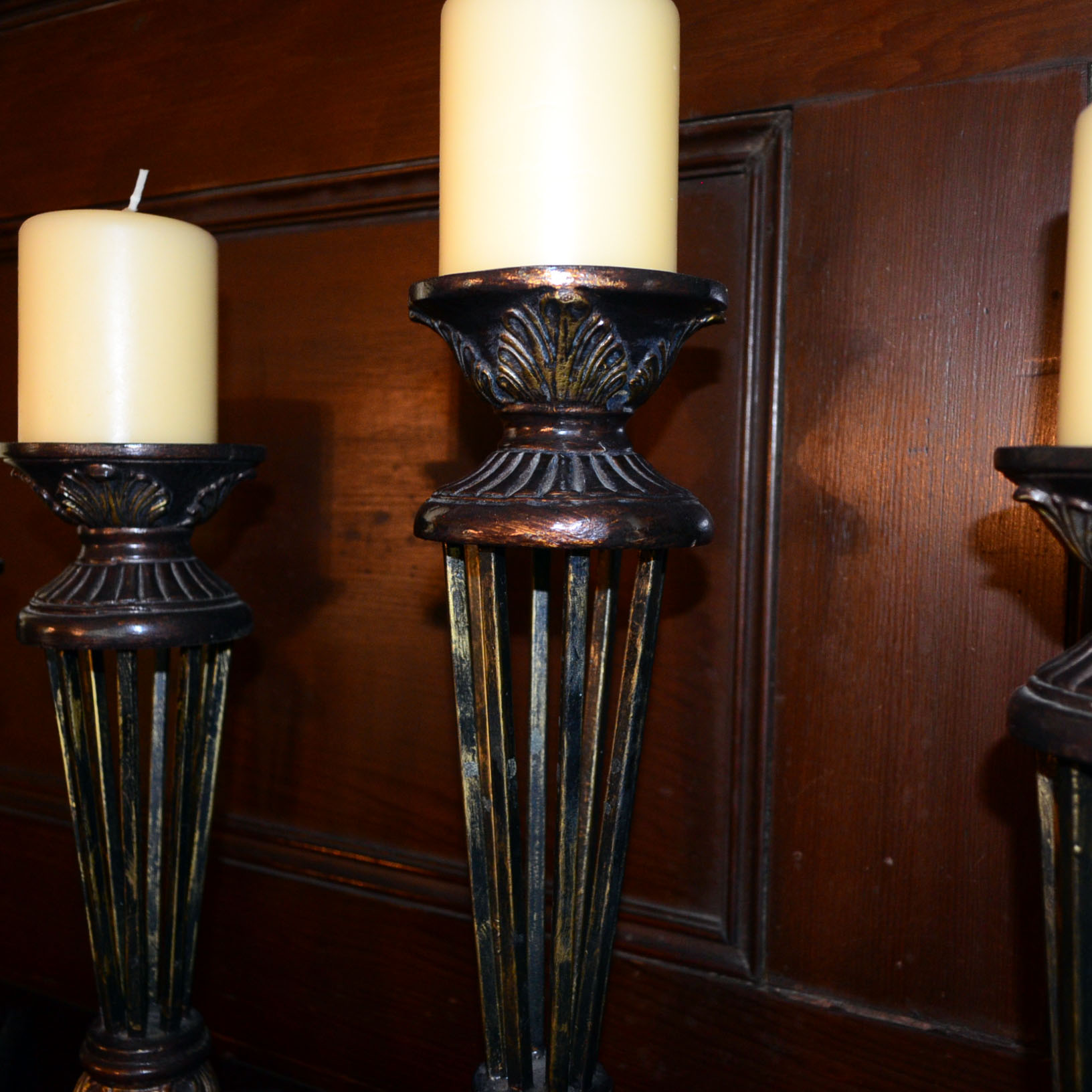 Set of Five Glass and Brass Decorative Candlesticks