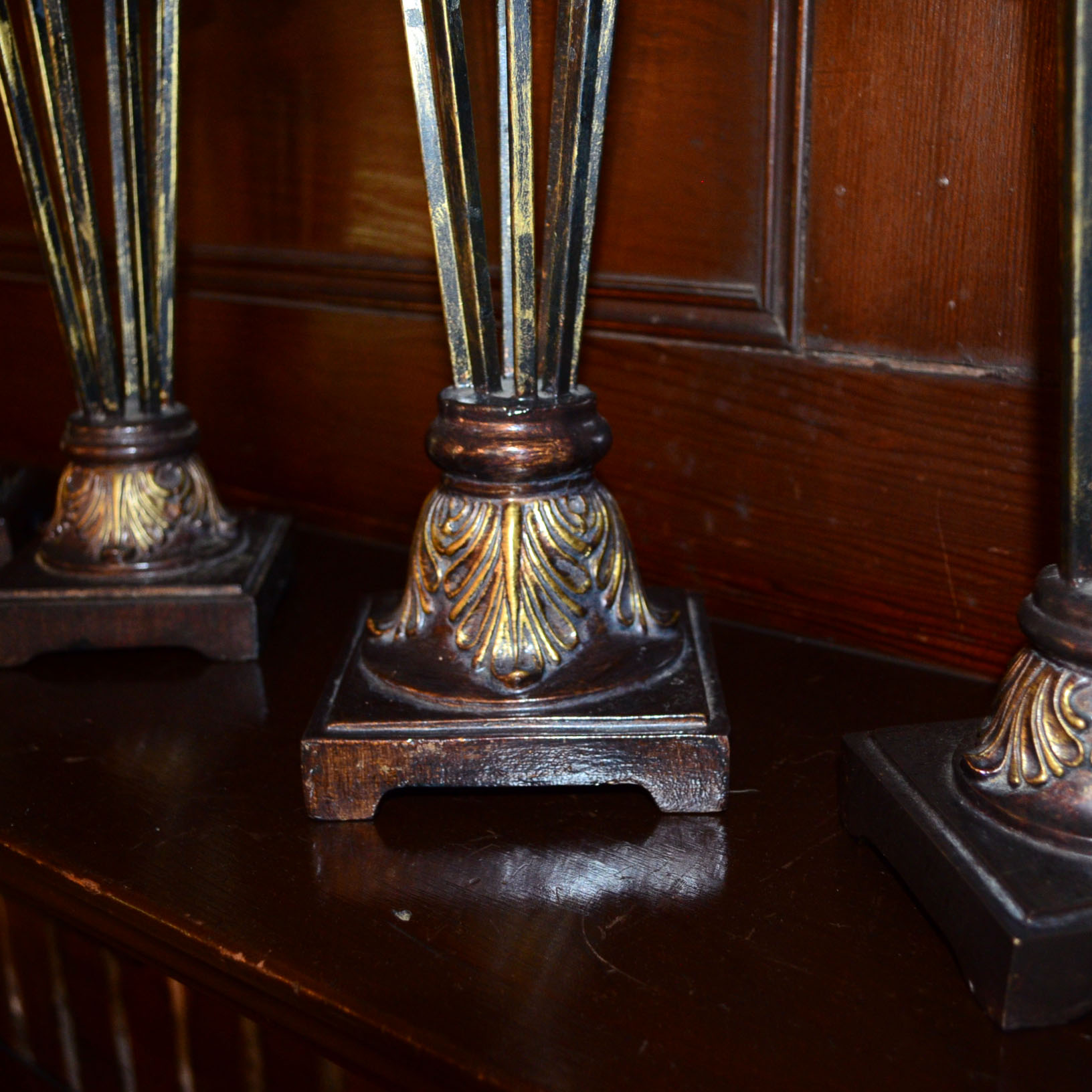 Set of Five Glass and Brass Decorative Candlesticks
