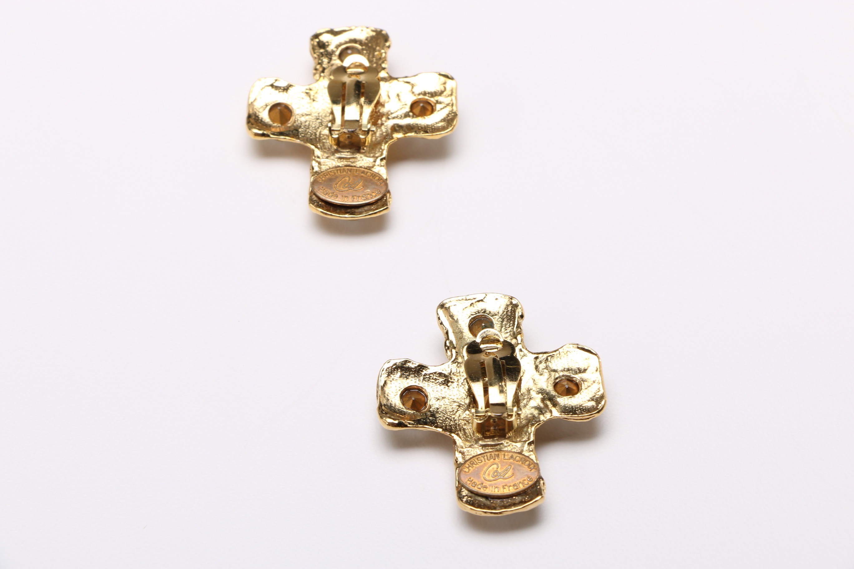 Christian Lacroix Gold Tone And Gemstone Cross Earrings