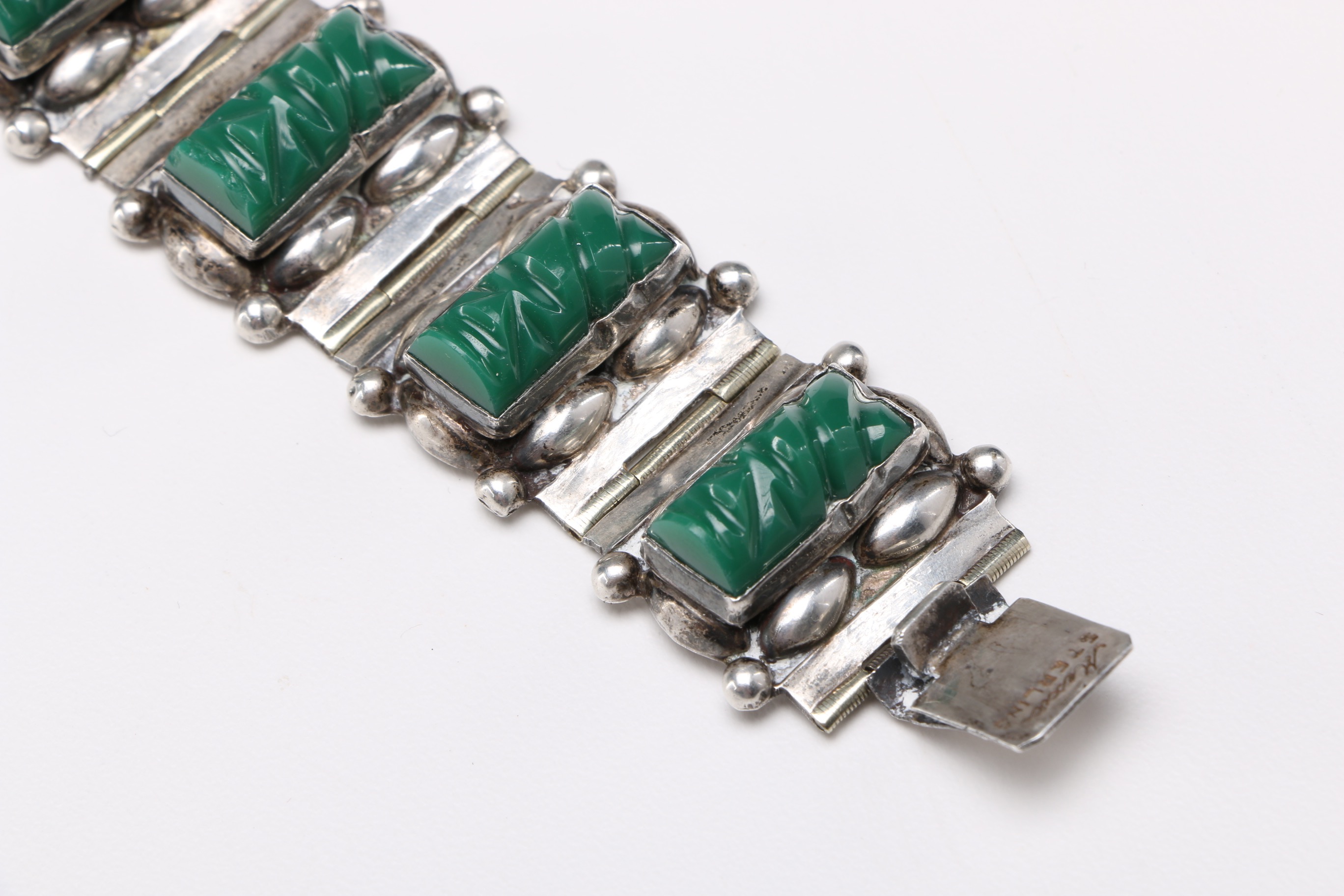 Mexican Sterling Silver And Green Stone Bracelet