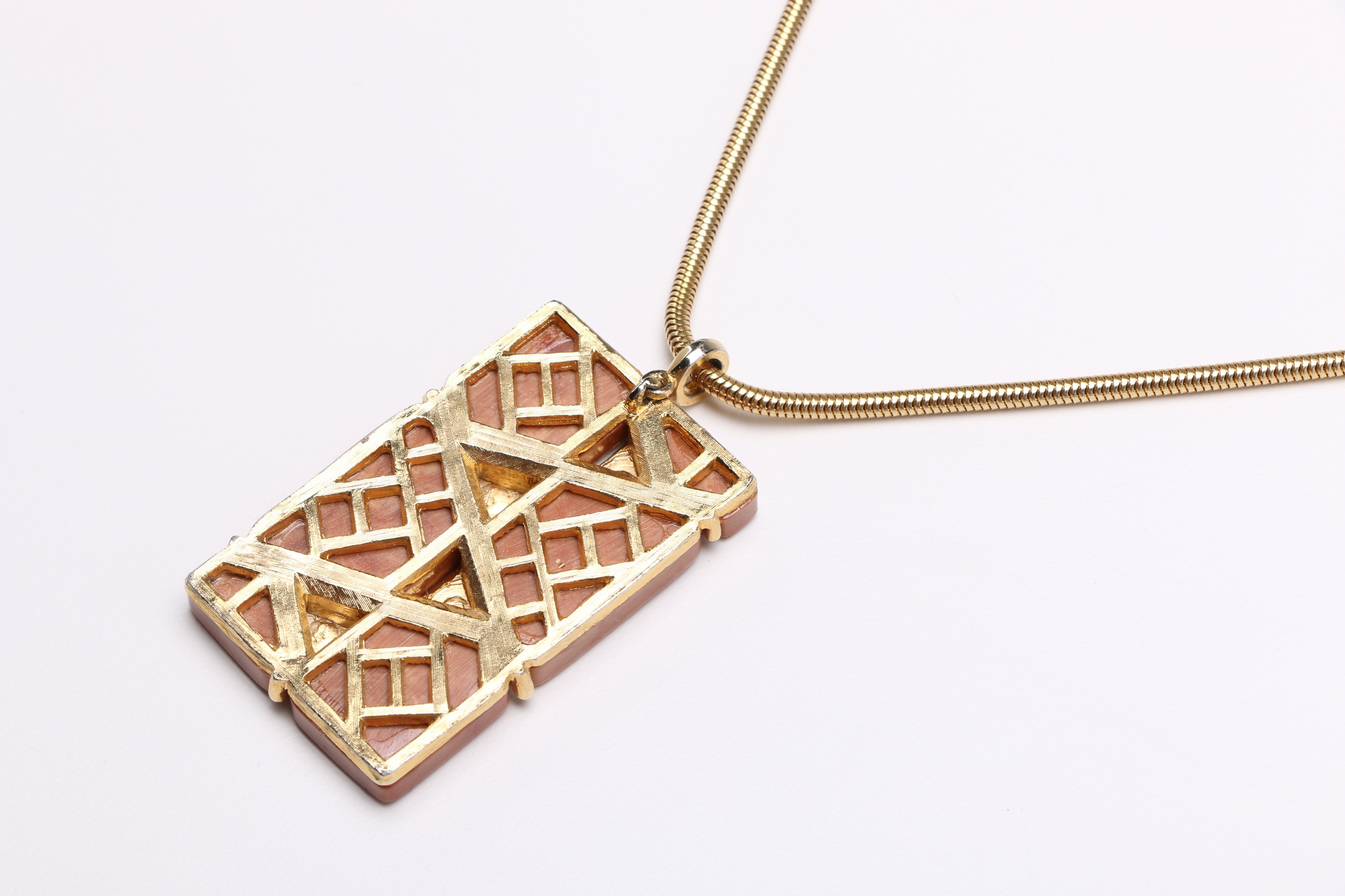 Vintage Gold Tone and Brown Rectangle Pendant Necklace