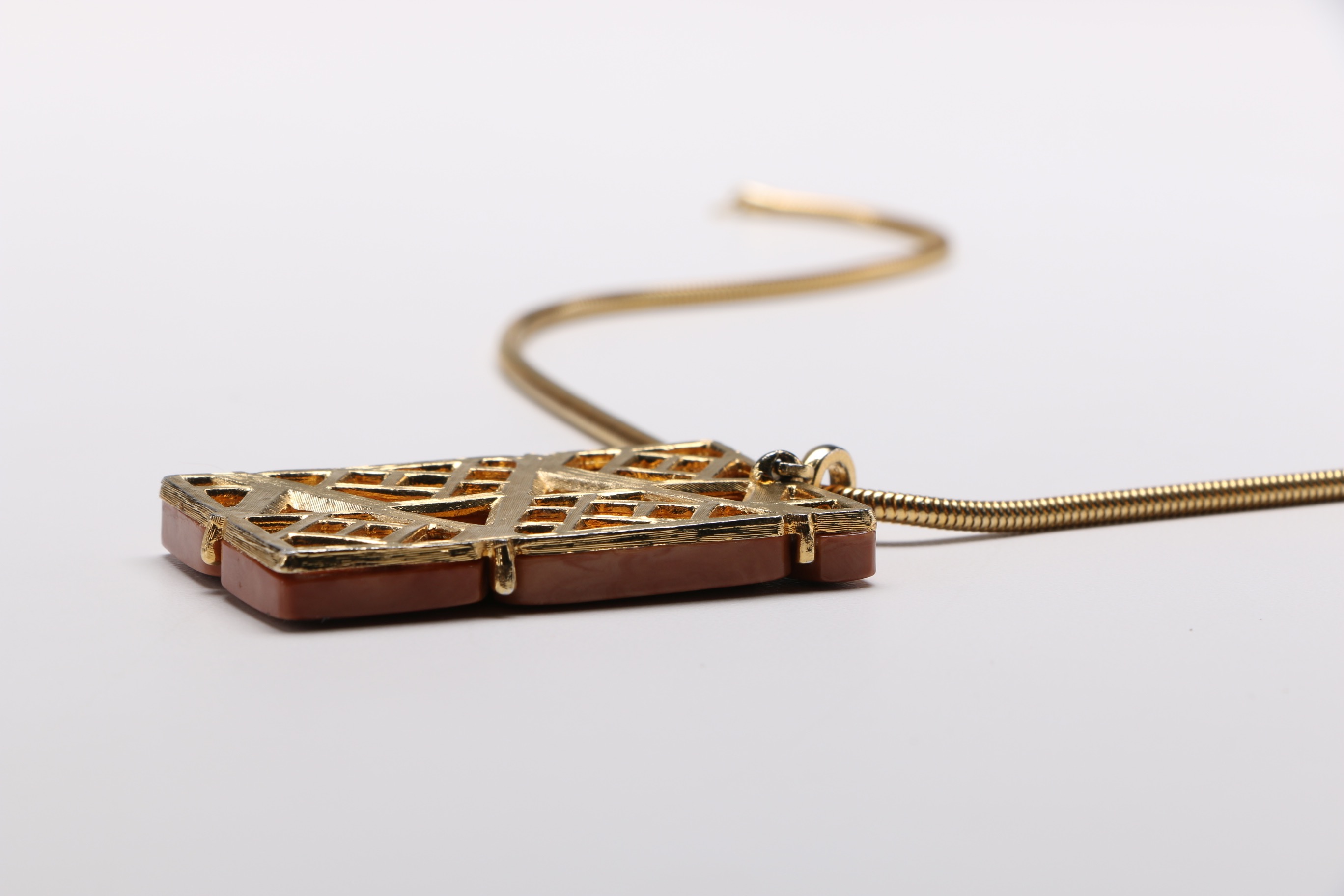 Vintage Gold Tone and Brown Rectangle Pendant Necklace