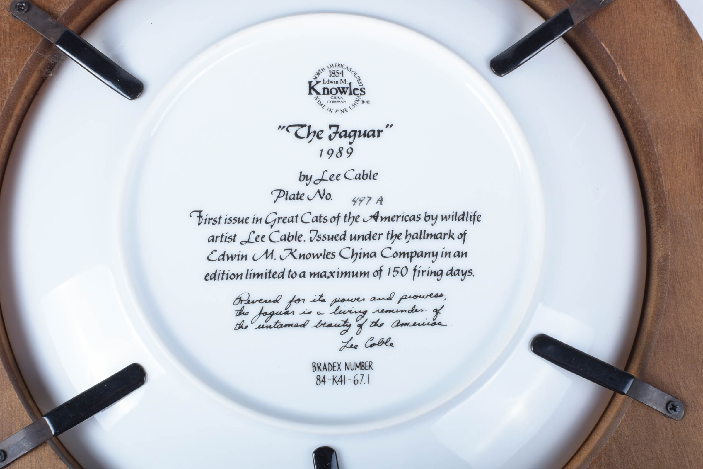 Two Limited Edition China Plates from the "Collection of Great Cats of the Americas" Issued by Edwin M. Knowles China Company