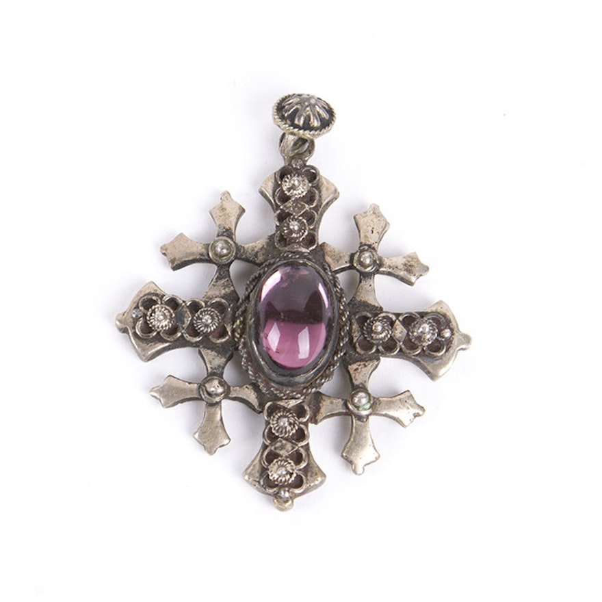 Jerusalem Cross 800 Silver and Stone Pendant