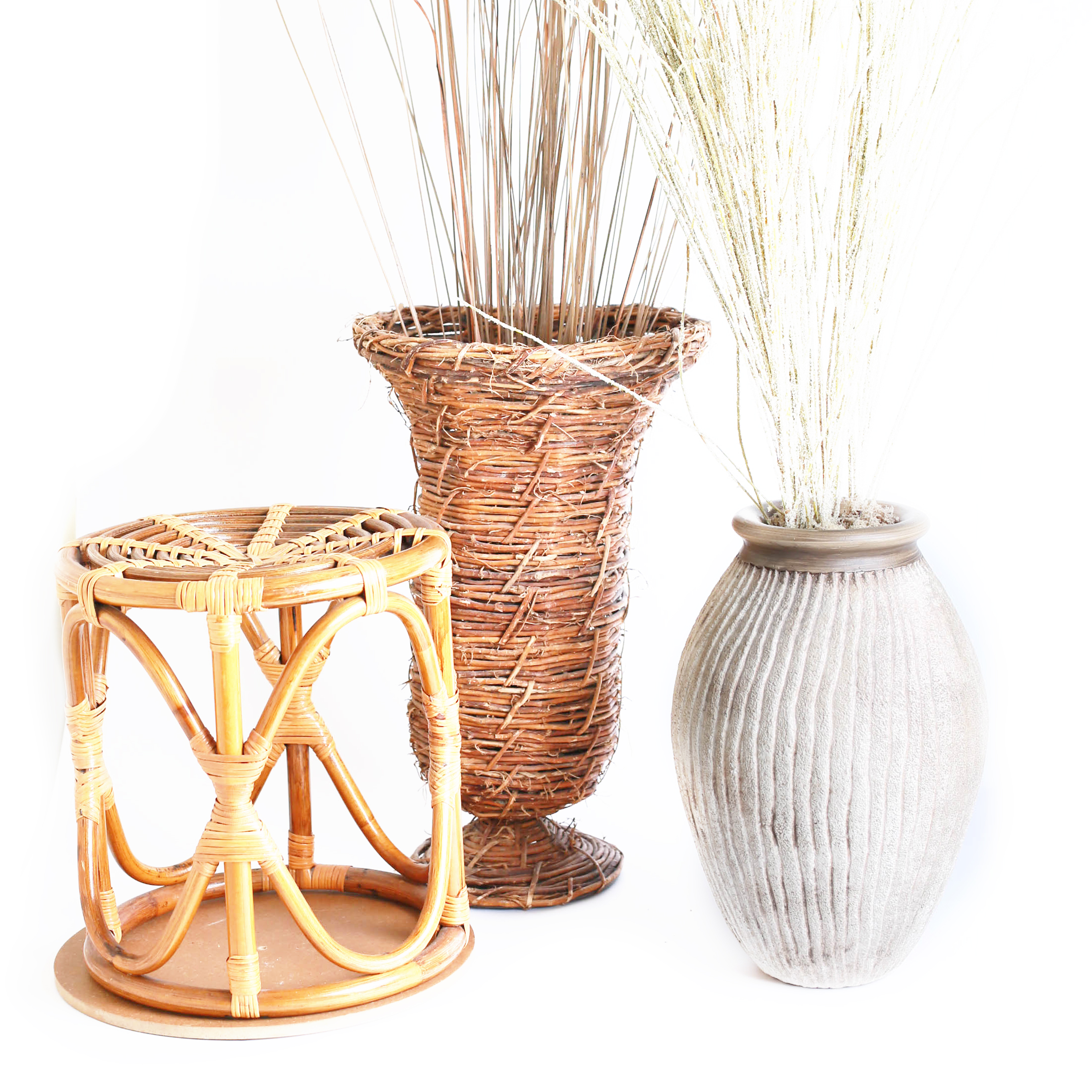 Small Wicker Plant Stand, and Two Vases